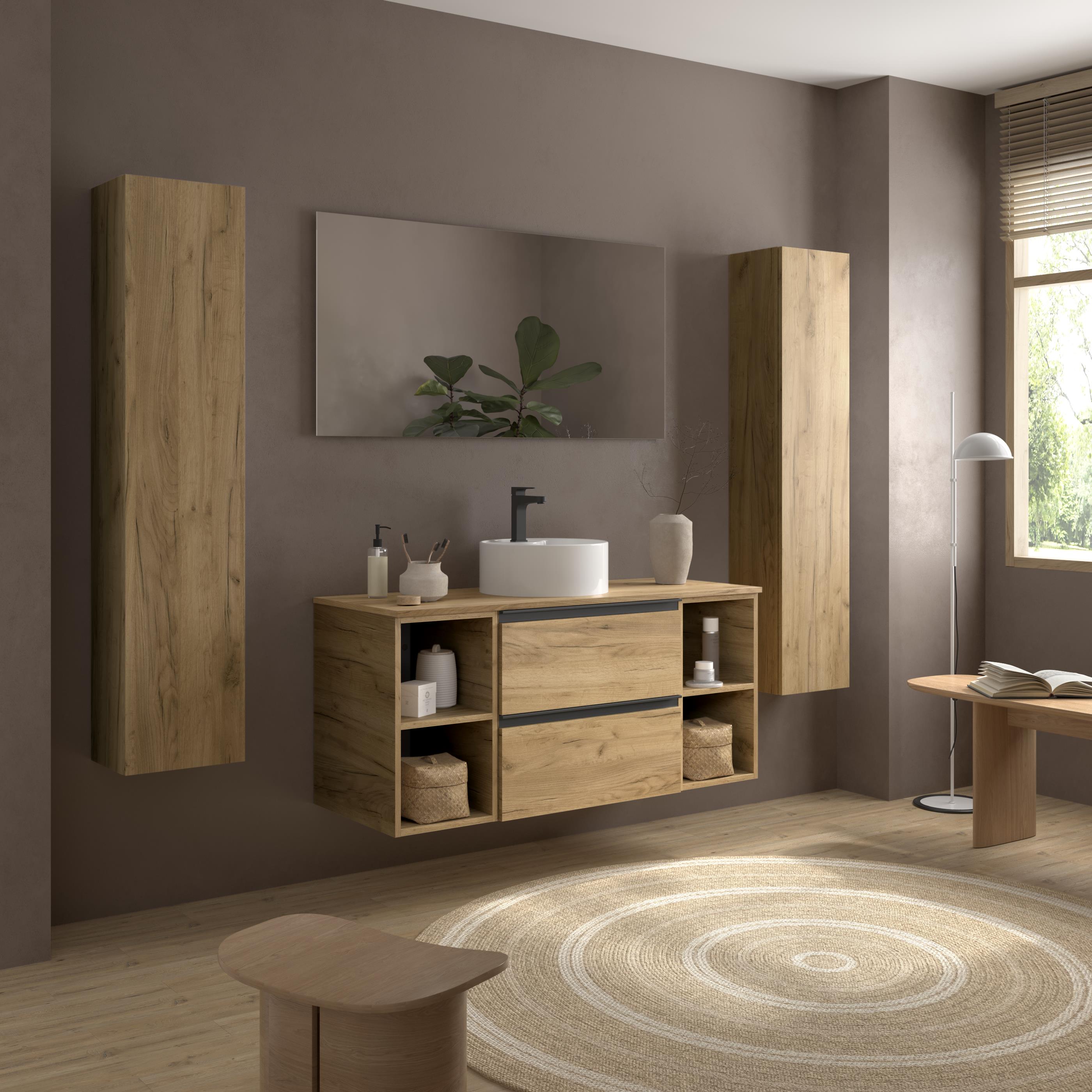 Imagen 3 de Mueble de baño con 2 cajones con 2 huecos y lavabo sobre encimera de 1 poza Bequia Plus Metal Salgar - Roble 120 cm Roble