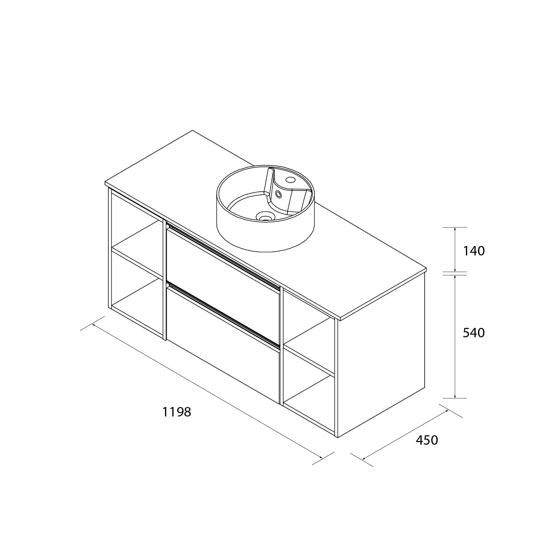 Imagen 6 de Mueble de baño con 2 cajones con 2 huecos y lavabo sobre encimera de 1 poza Bequia Plus Metal Salgar - Roble 120 cm Roble