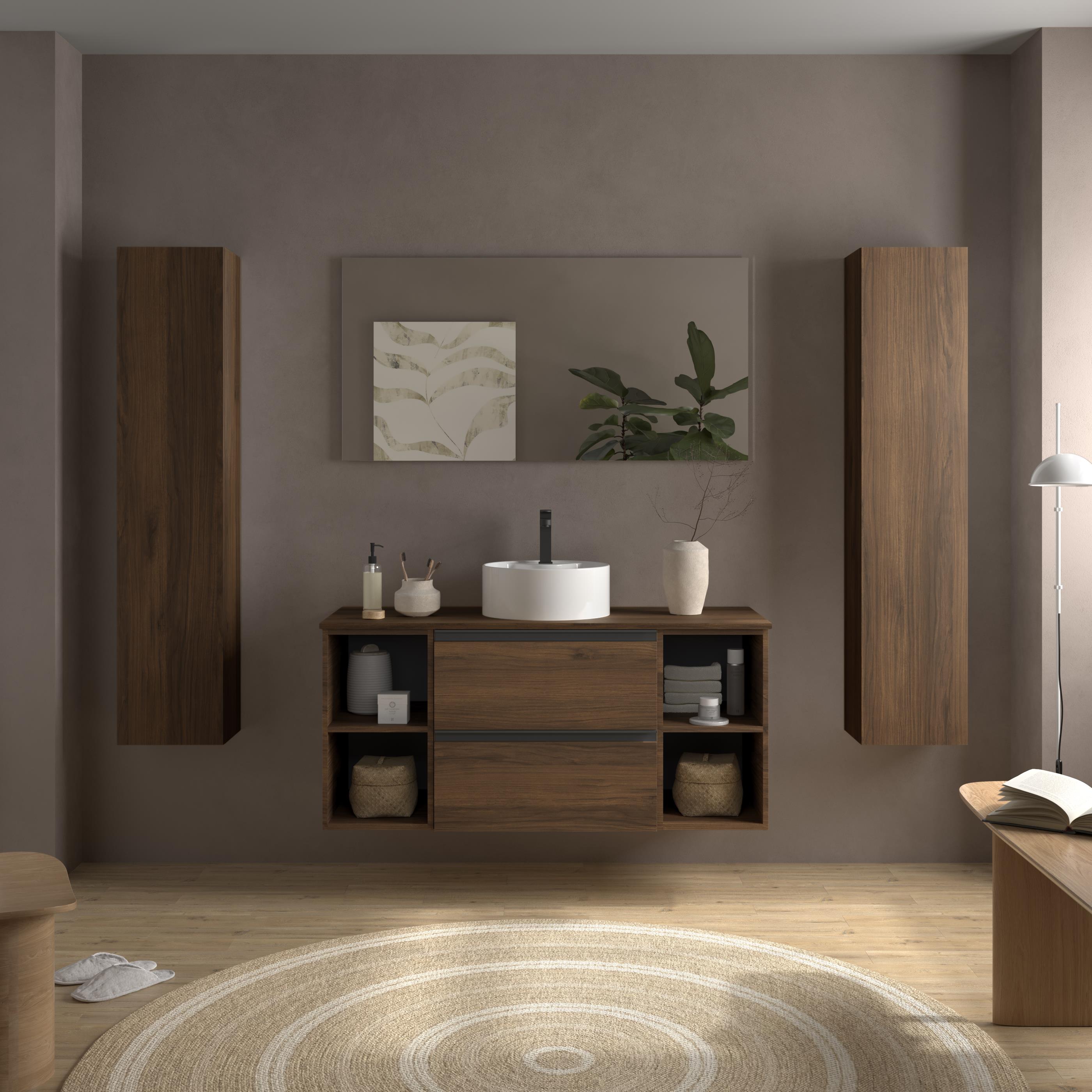 Imagen 2 de Mueble de baño con 2 cajones con 2 huecos y lavabo sobre encimera de 1 poza Bequia Plus Metal Salgar - Nogal 120 cm Nogal