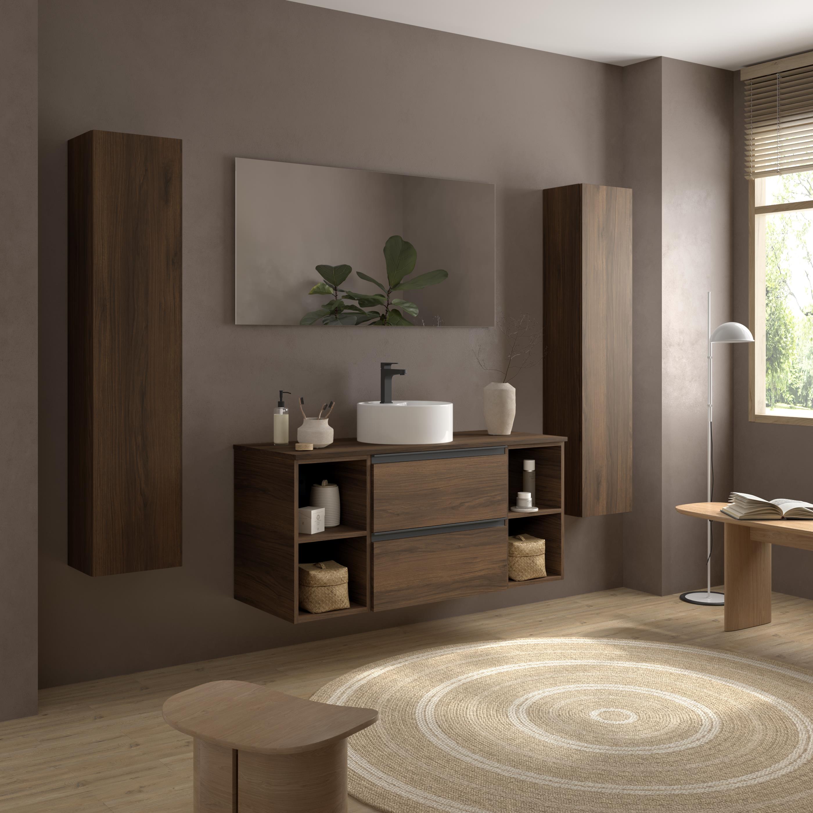 Imagen 3 de Mueble de baño con 2 cajones con 2 huecos y lavabo sobre encimera de 1 poza Bequia Plus Metal Salgar - Nogal 120 cm Nogal
