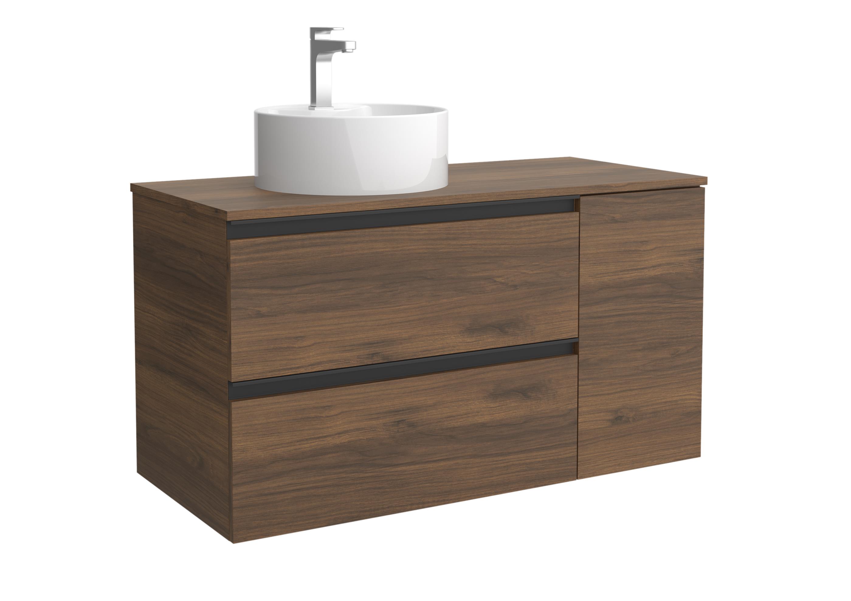 Mueble de baño con 2 cajones con 1 puerta y lavabo sobre encimera de 1 poza lado reversible Bequia Plus Metal Salgar - Nogal 90 cm Nogal-1