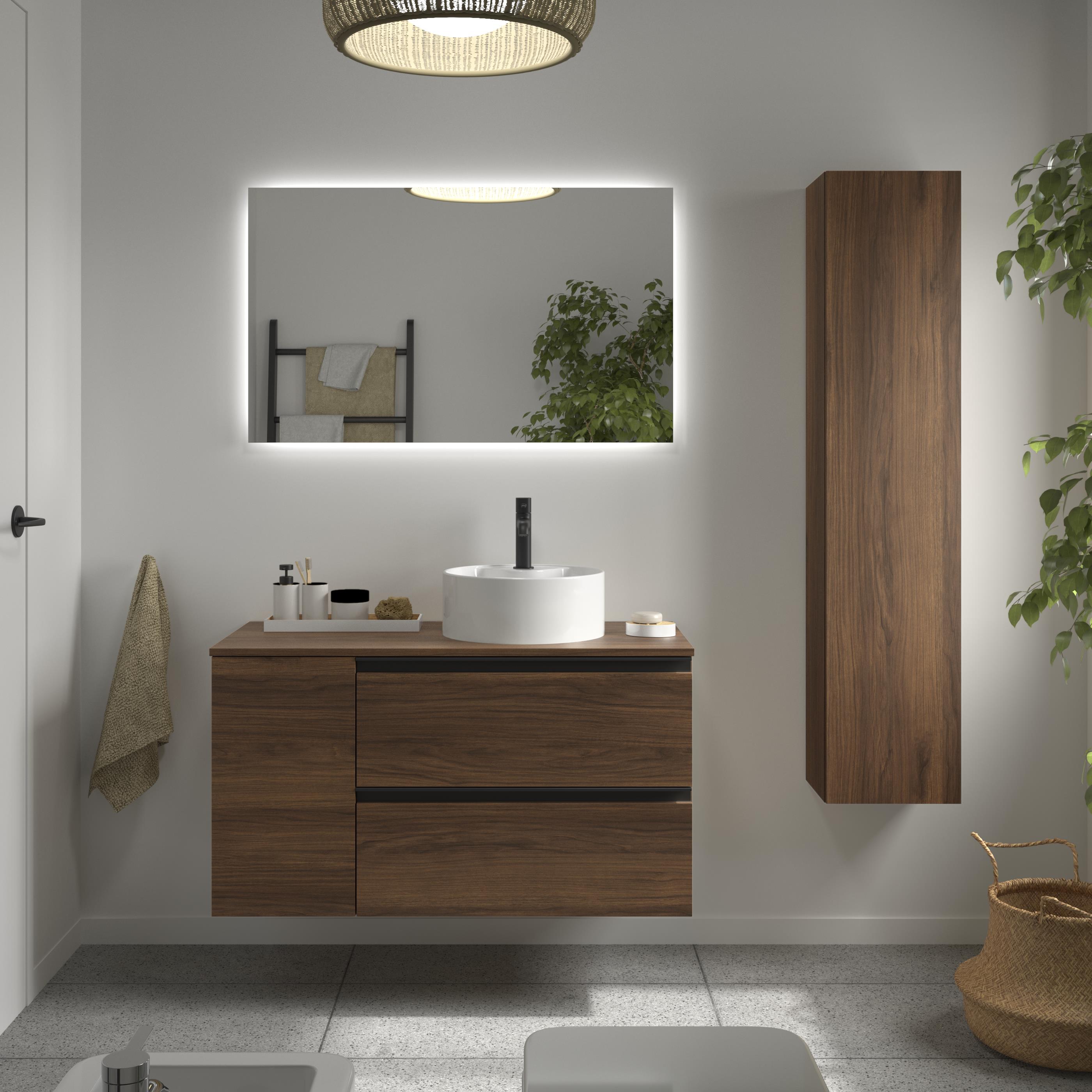 Mueble de baño con 2 cajones con 1 puerta y lavabo sobre encimera de 1 poza lado reversible Bequia Plus Metal Salgar - Nogal 90 cm Nogal-2