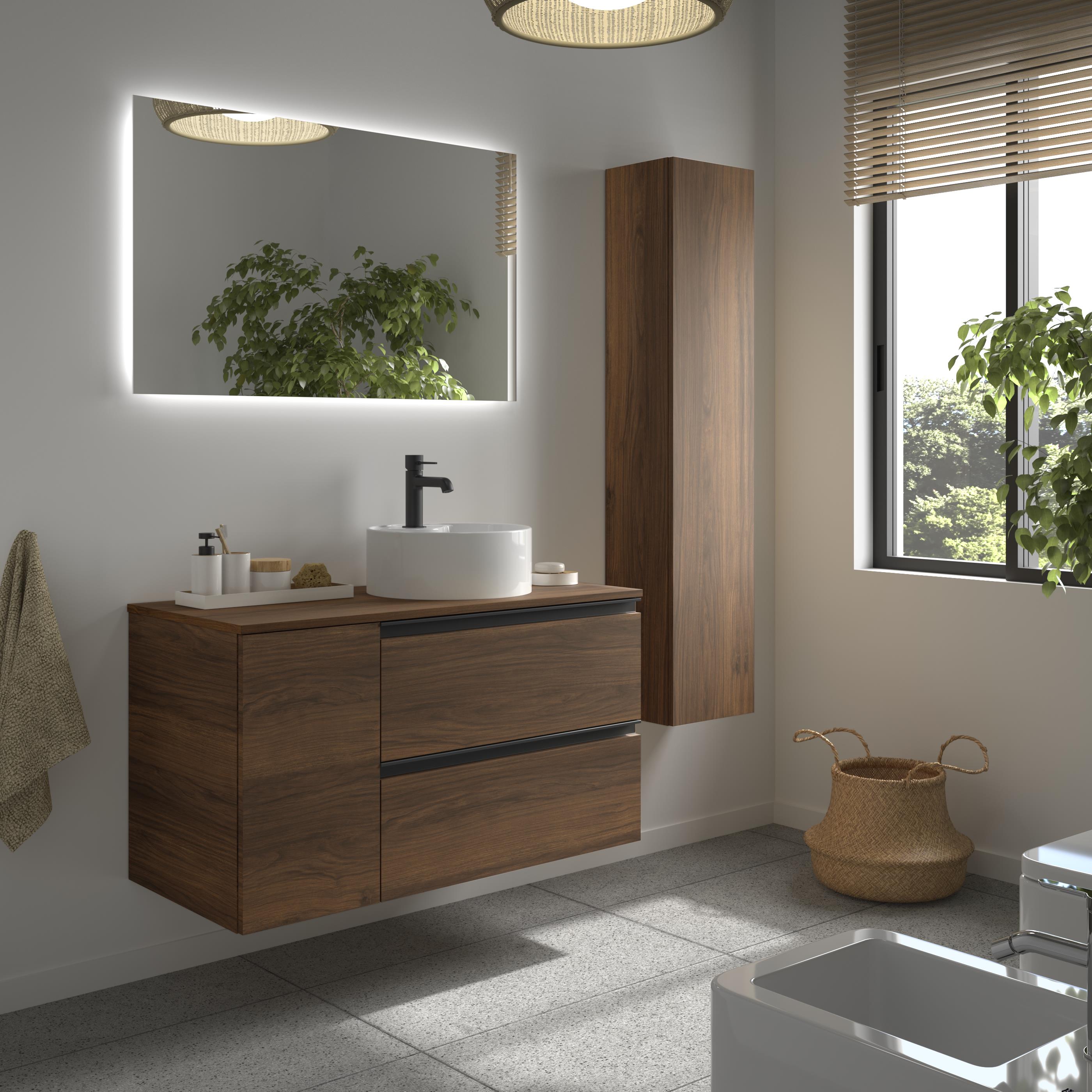 Mueble de baño con 2 cajones con 1 puerta y lavabo sobre encimera de 1 poza lado reversible Bequia Plus Metal Salgar - Nogal 90 cm Nogal-3