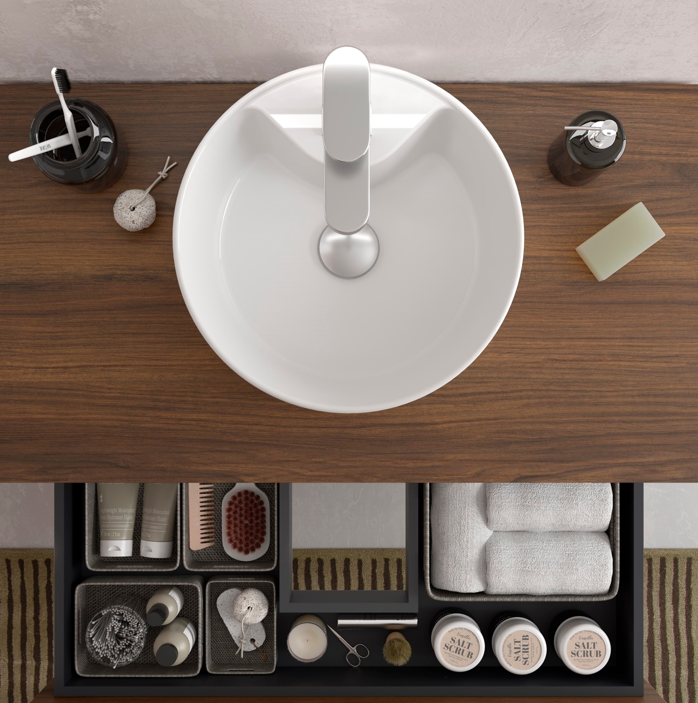 Mueble de baño con 2 cajones con 1 puerta y lavabo sobre encimera de 1 poza lado reversible Bequia Plus Metal Salgar - Nogal 90 cm Nogal-5
