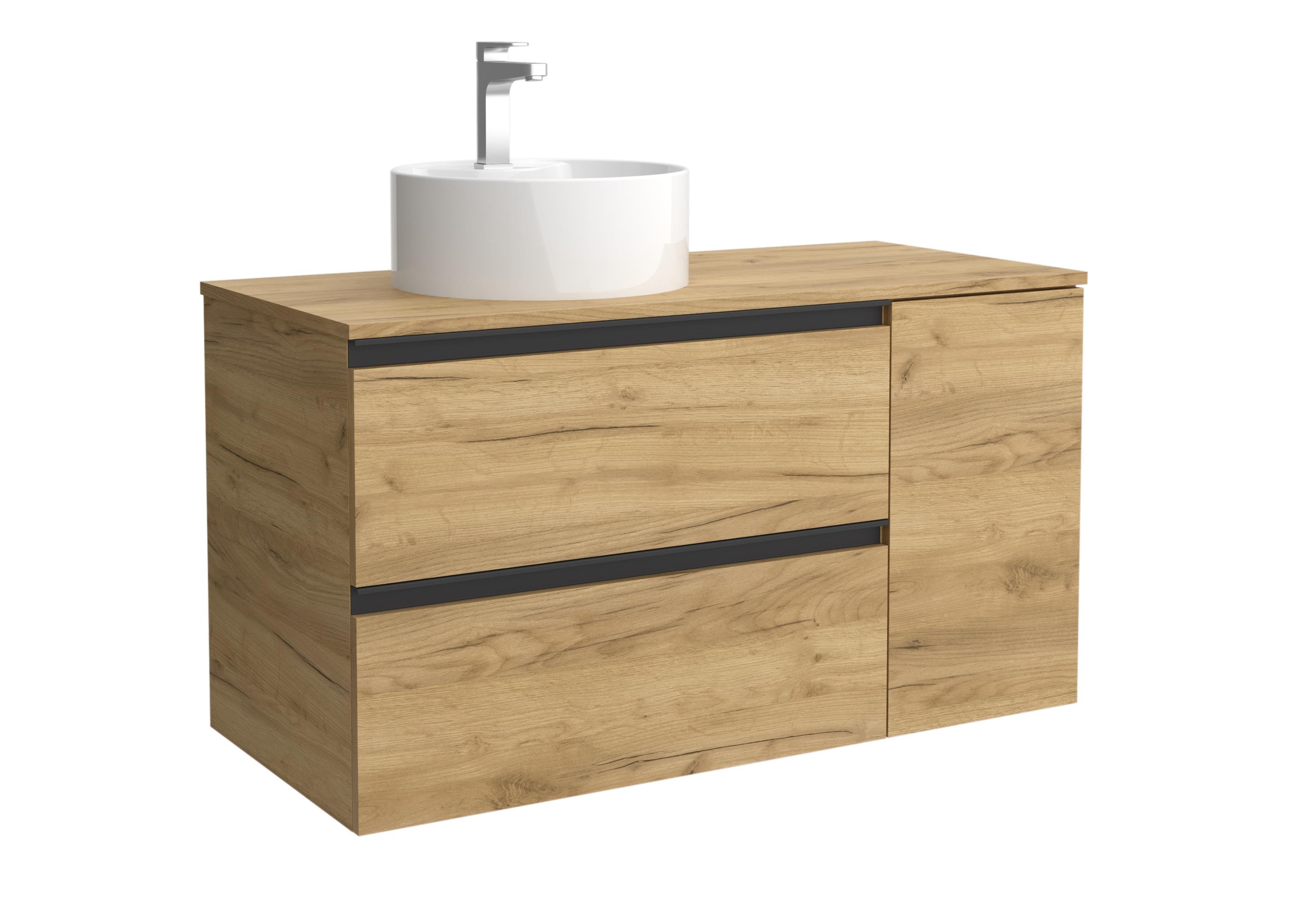 Mueble de baño con 2 cajones con 1 puerta y lavabo sobre encimera de 1 poza lado reversible Bequia Plus Metal Salgar - Roble 100 cm Roble-1