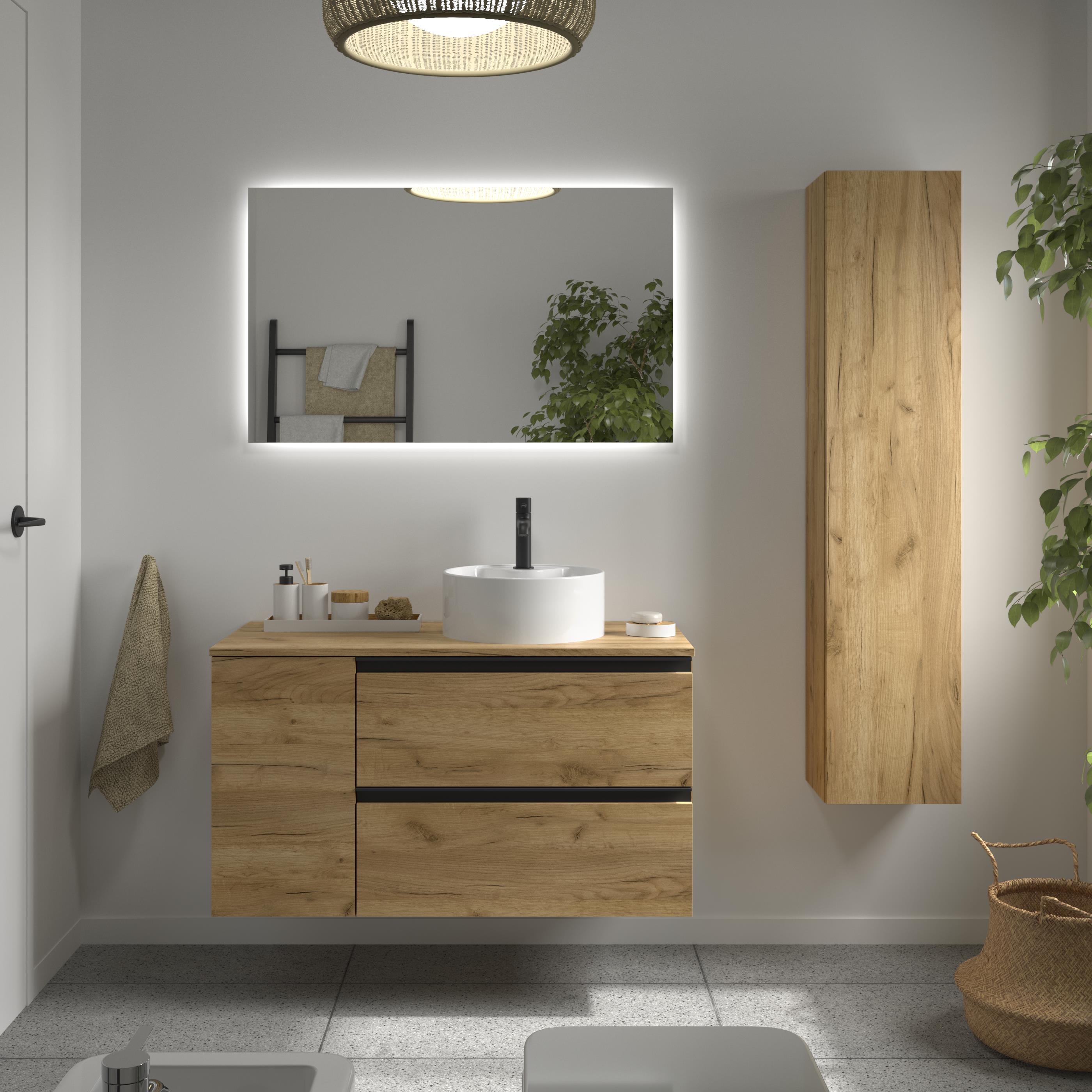 Mueble de baño con 2 cajones con 1 puerta y lavabo sobre encimera de 1 poza lado reversible Bequia Plus Metal Salgar - Roble 100 cm Roble-2