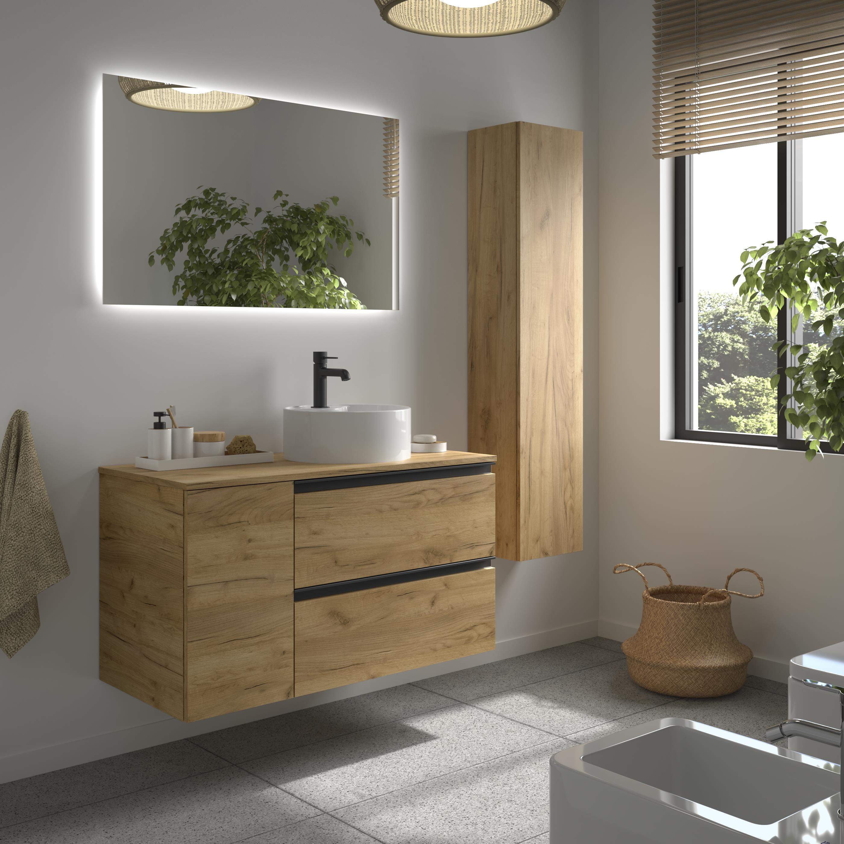 Mueble de baño con 2 cajones con 1 puerta y lavabo sobre encimera de 1 poza lado reversible Bequia Plus Metal Salgar - Roble 100 cm Roble-3