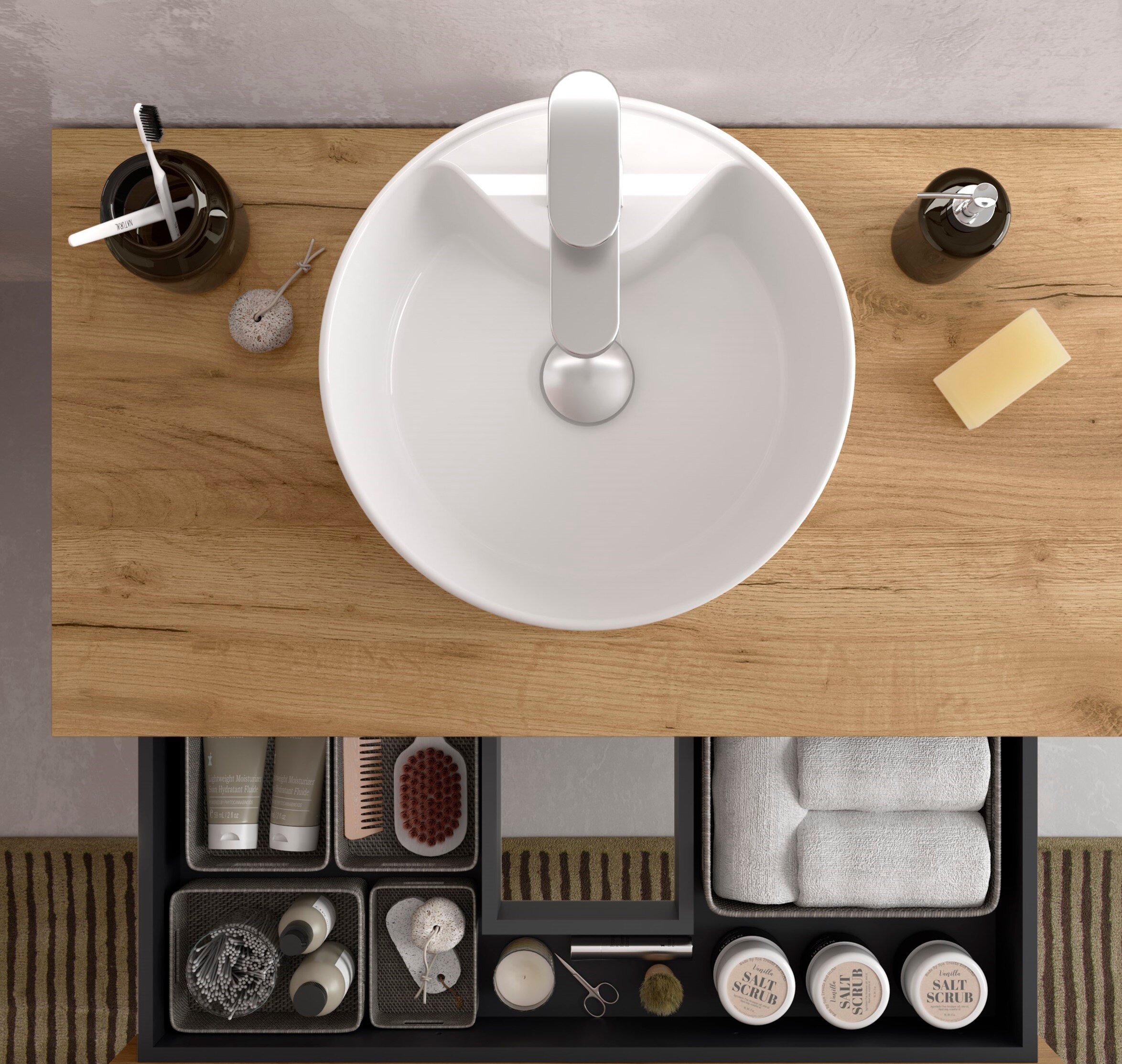 Mueble de baño con 2 cajones con 1 puerta y lavabo sobre encimera de 1 poza lado reversible Bequia Plus Metal Salgar - Roble 100 cm Roble-5