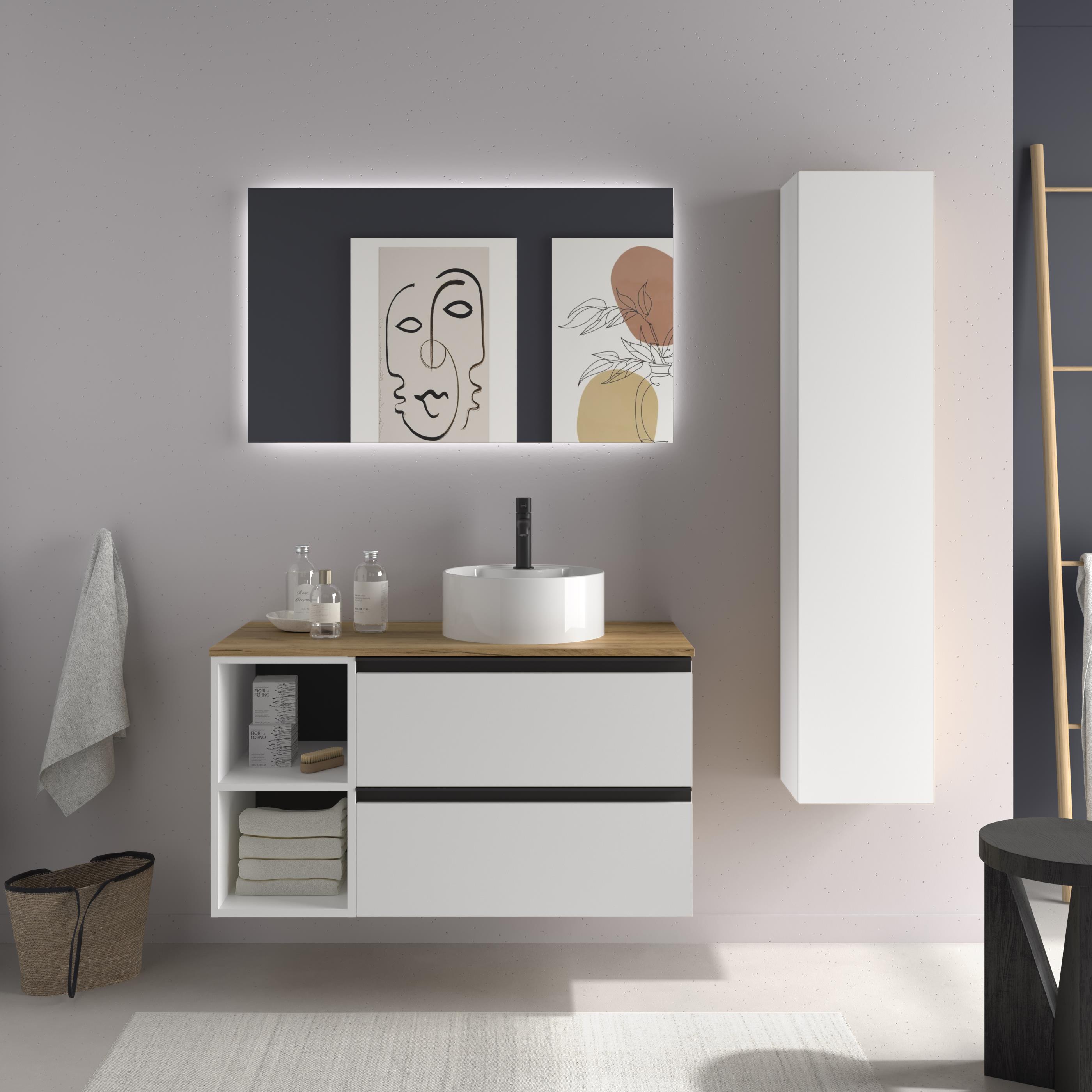 Imagen 2 de Mueble de baño con 2 cajones con 2 huecos y lavabo sobre encimera de 1 poza lado reversible Bequia Plus Metal Salgar - Blanco mate 100 cm Blanco mate