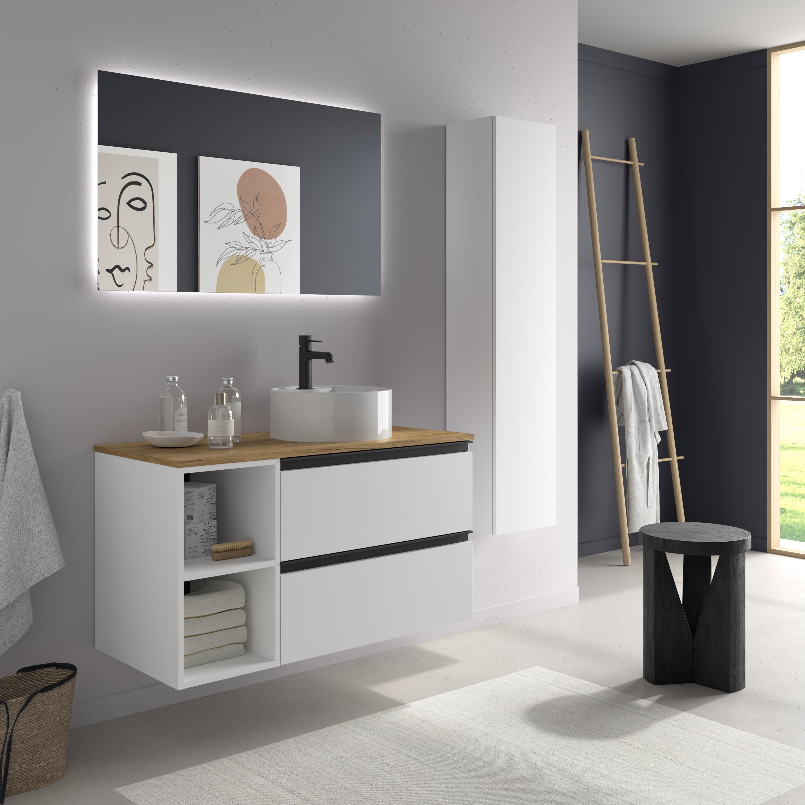 Imagen 3 de Mueble de baño con 2 cajones con 2 huecos y lavabo sobre encimera de 1 poza lado reversible Bequia Plus Metal Salgar - Blanco mate 100 cm Blanco mate