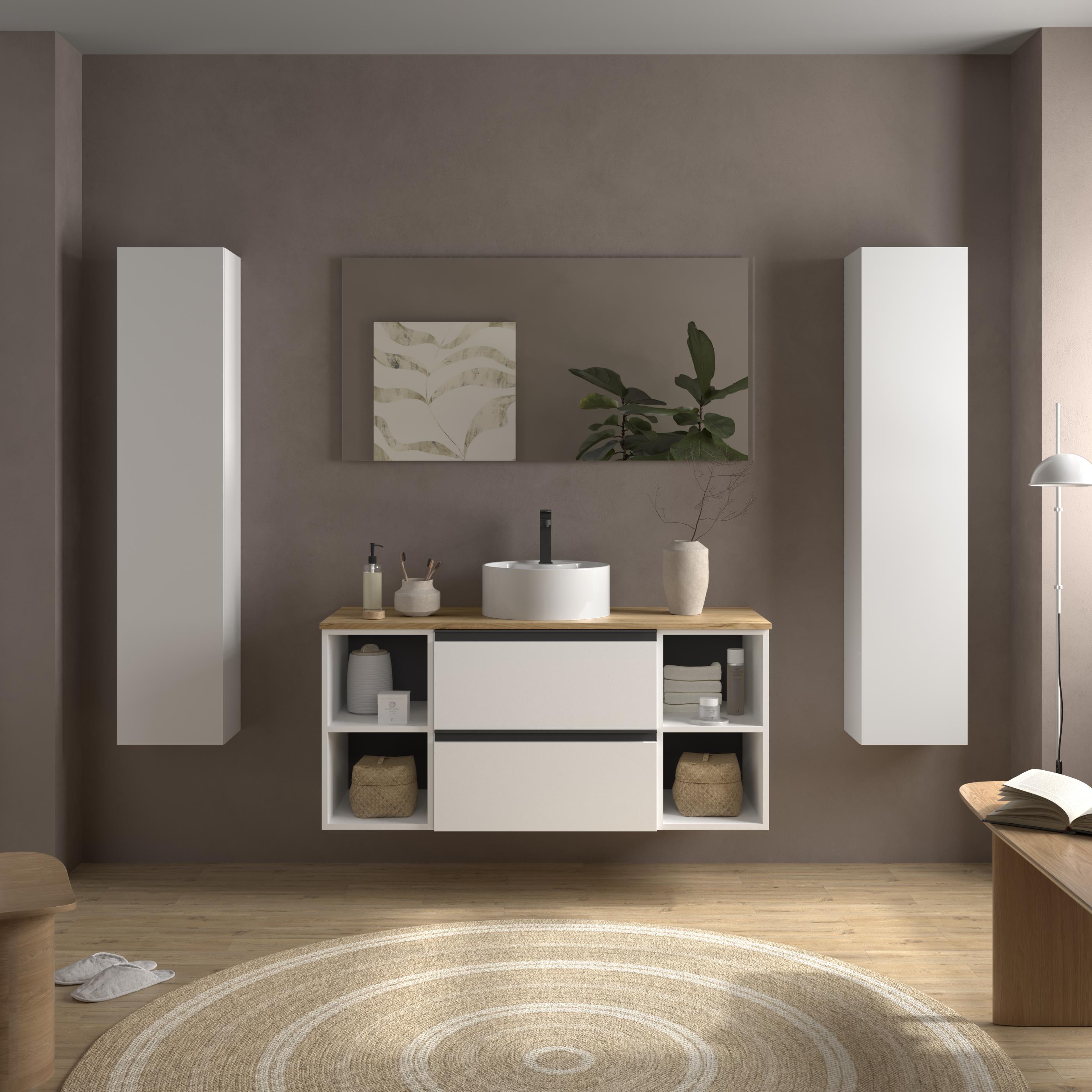 Imagen 2 de Mueble de baño con 2 cajones con 2 huecos y lavabo sobre encimera de 1 poza Bequia Plus Metal Salgar - Blanco mate 120 cm Blanco mate
