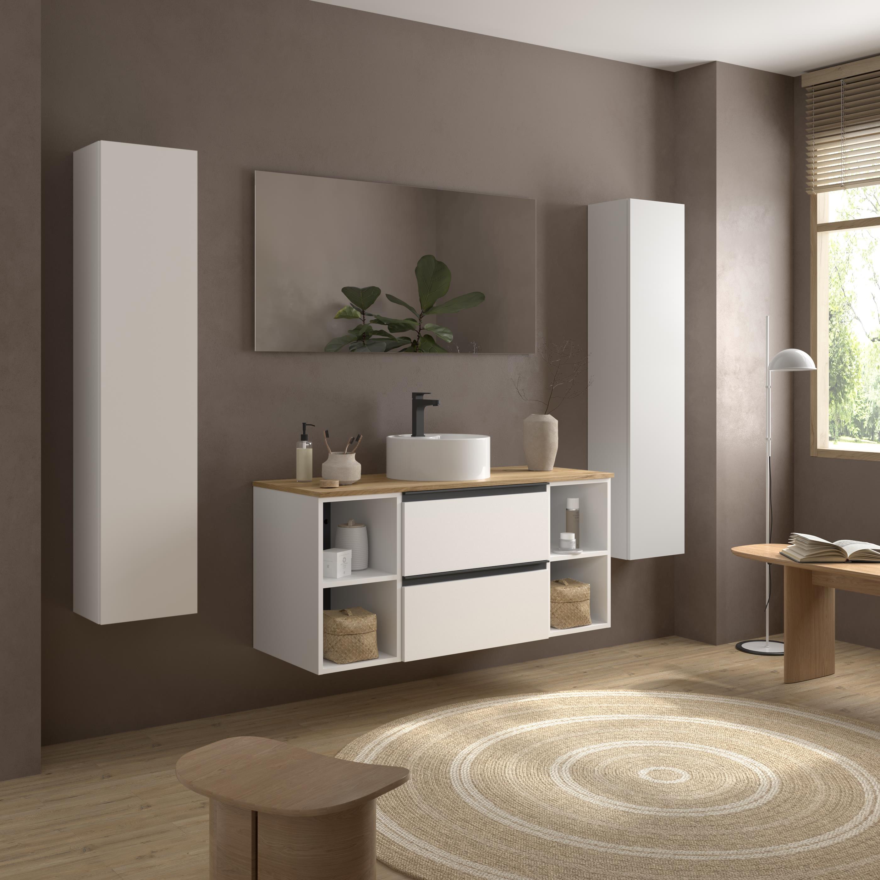 Imagen 3 de Mueble de baño con 2 cajones con 2 huecos y lavabo sobre encimera de 1 poza Bequia Plus Metal Salgar - Blanco mate 120 cm Blanco mate