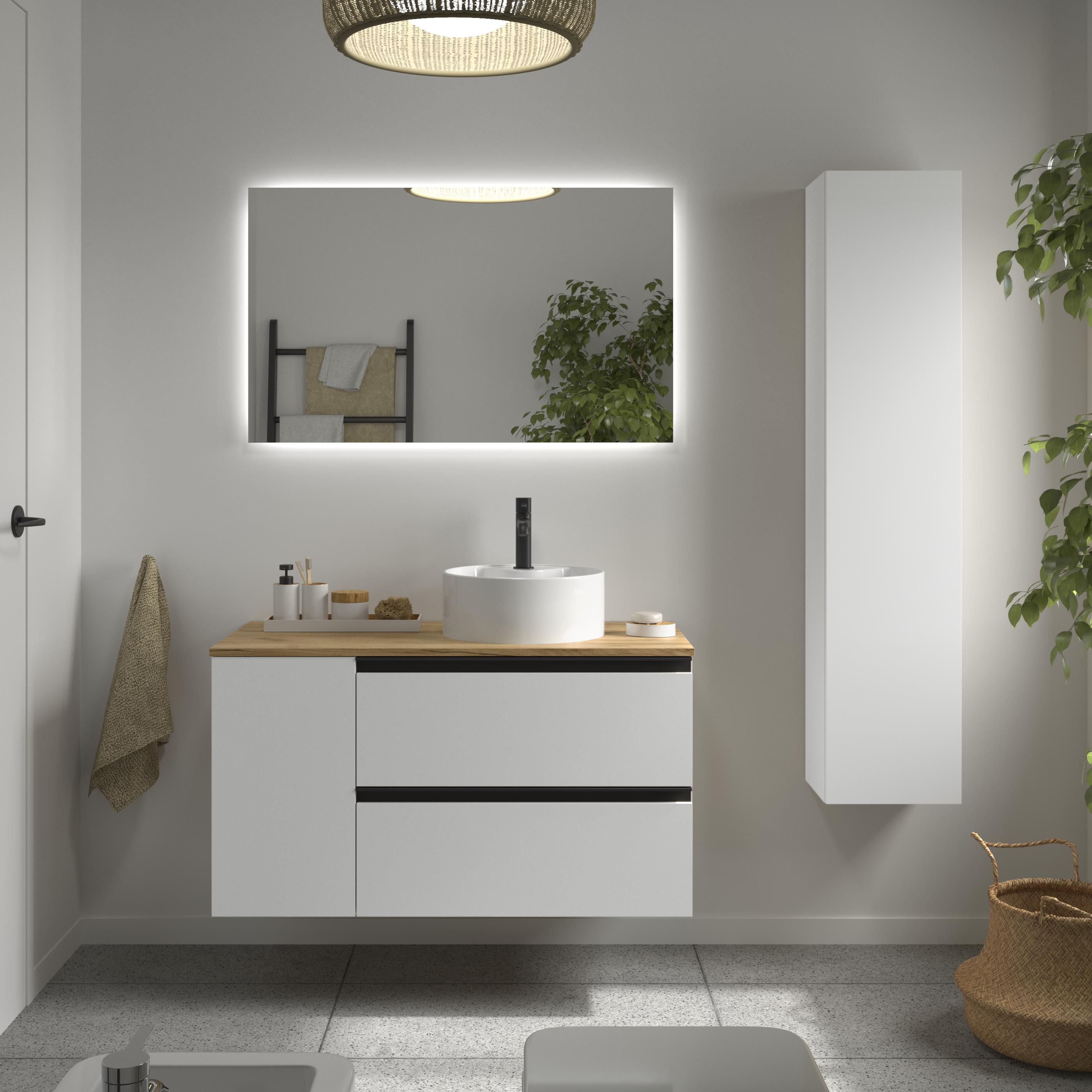 Mueble de baño con 2 cajones con 1 puerta y lavabo sobre encimera de 1 poza lado reversible Bequia Plus Metal Salgar - Blanco mate 90 cm Blanco mate-2