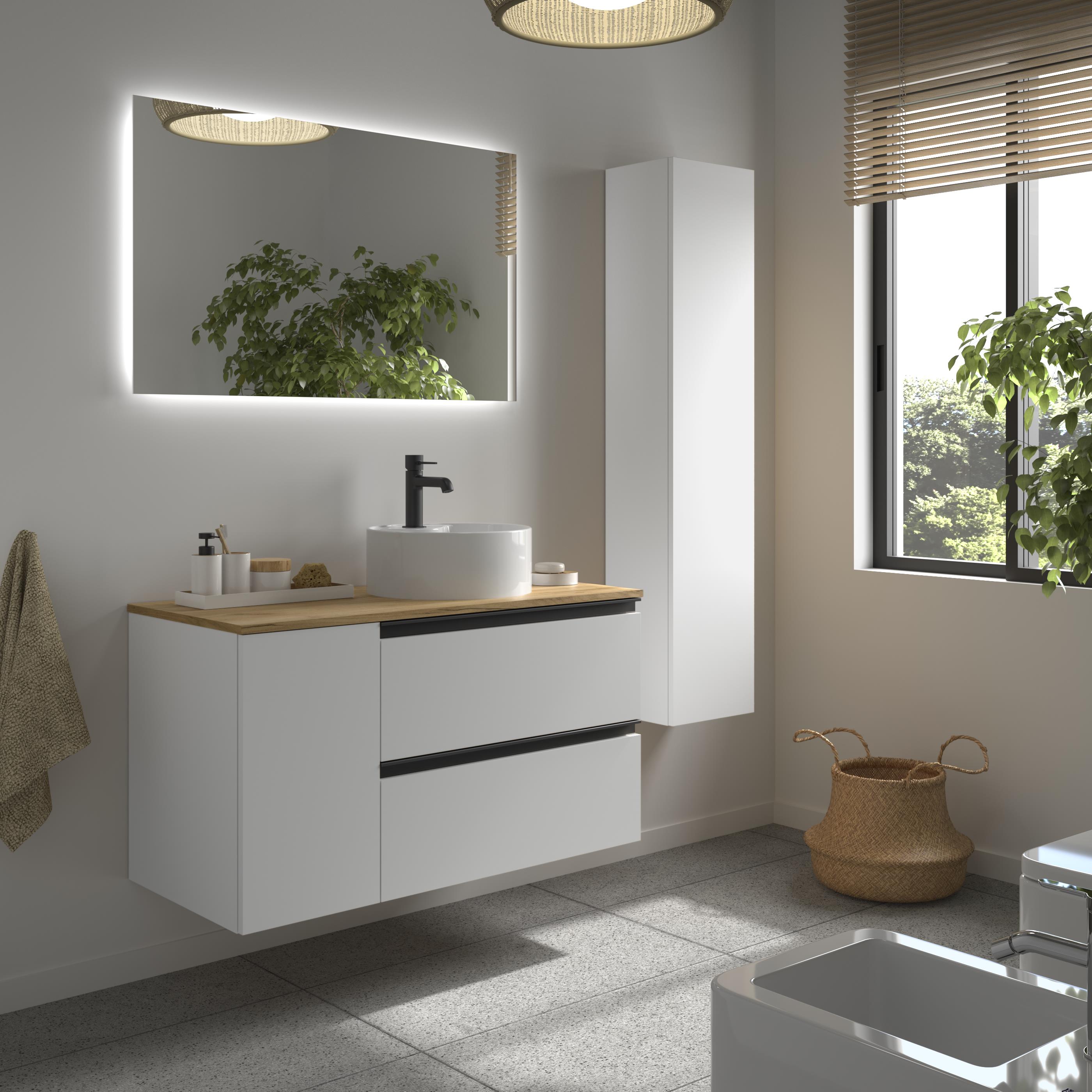 Mueble de baño con 2 cajones con 1 puerta y lavabo sobre encimera de 1 poza lado reversible Bequia Plus Metal Salgar - Blanco mate 90 cm Blanco mate-3