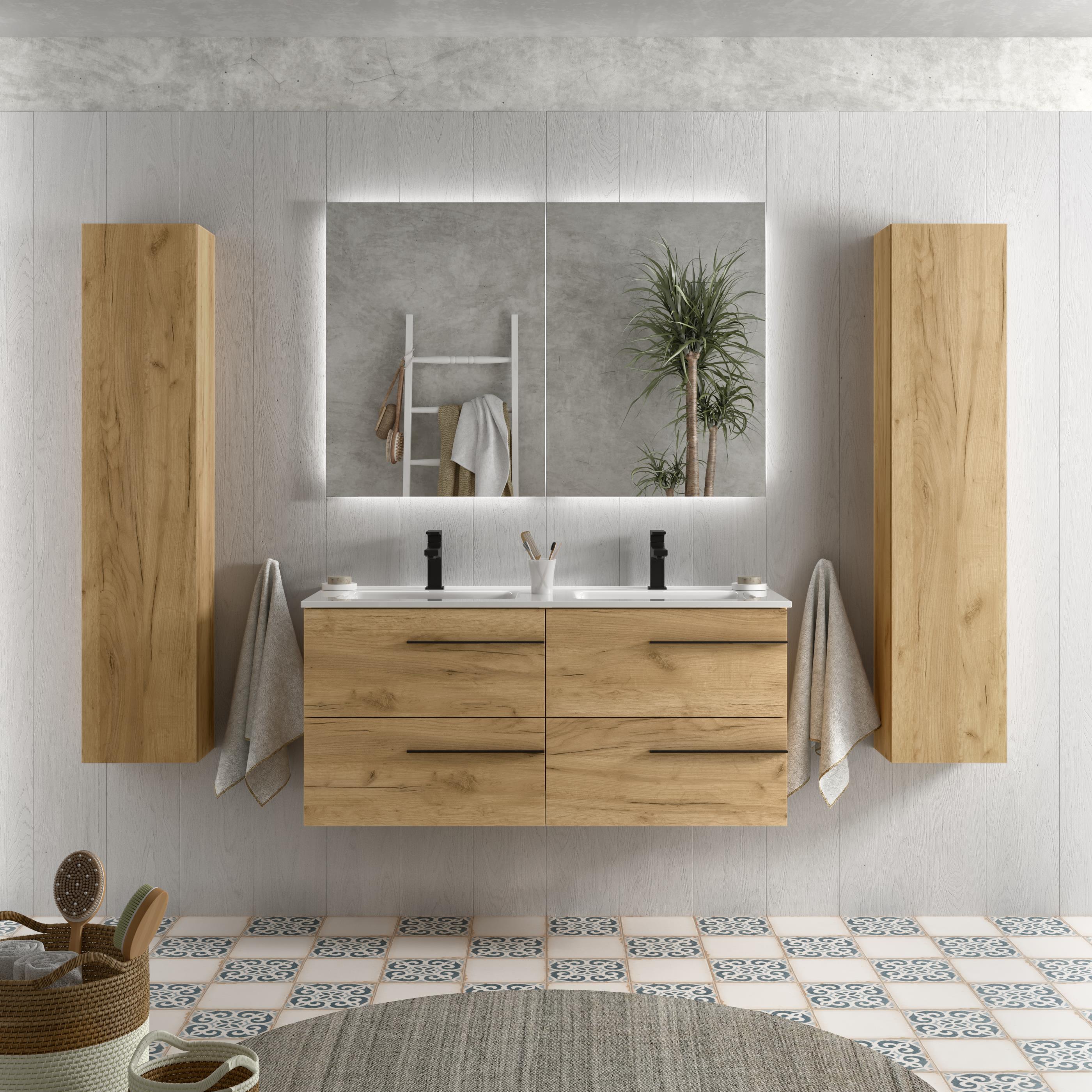 Imagen 2 de Mueble de baño con 4 cajones y lavabo de 2 pozas Yara Salgar - Roble 120 cm Roble