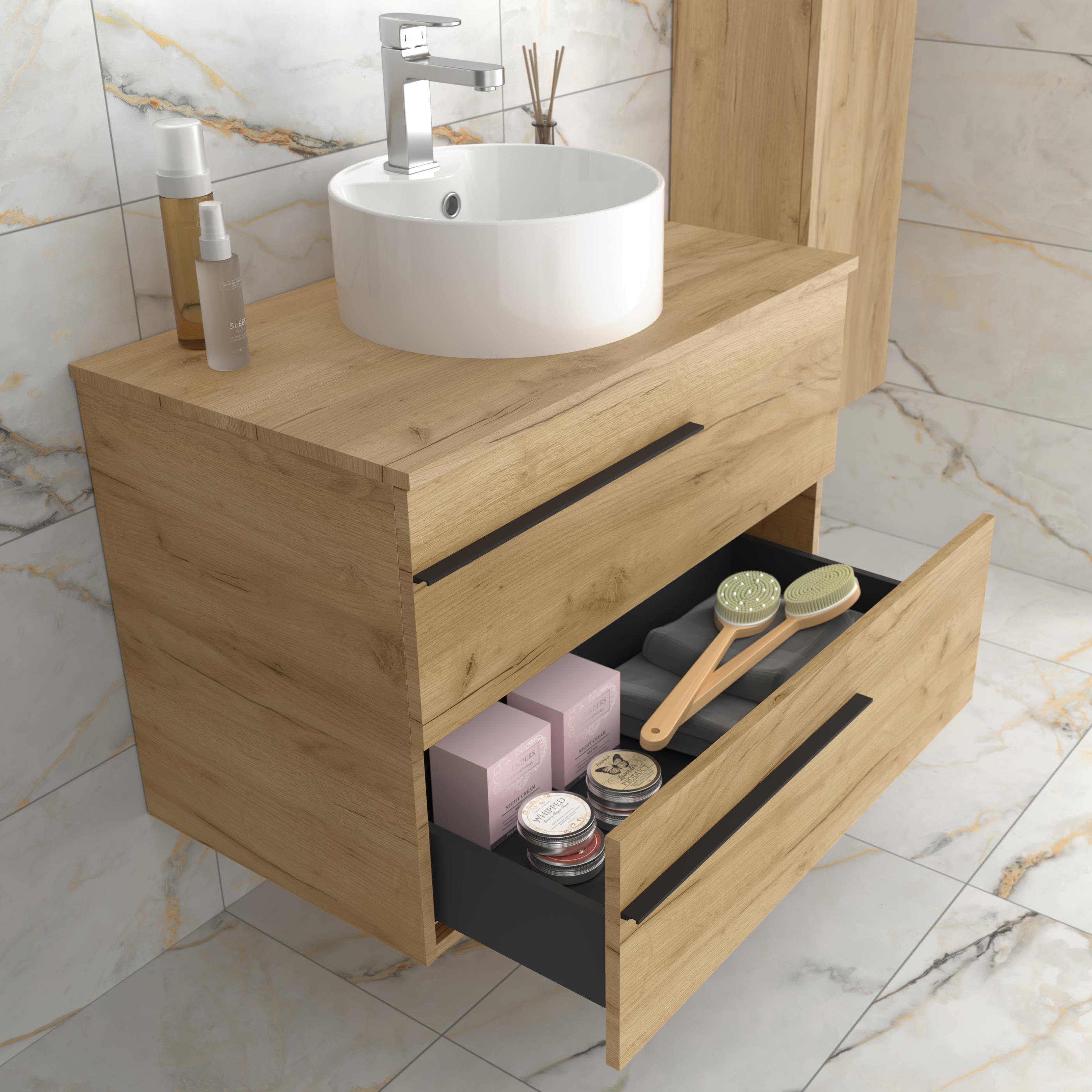 Imagen 3 de Mueble de baño con 2 cajones y lavabo sobre encimera de 1 poza Yara Salgar - Roble 60 cm Roble