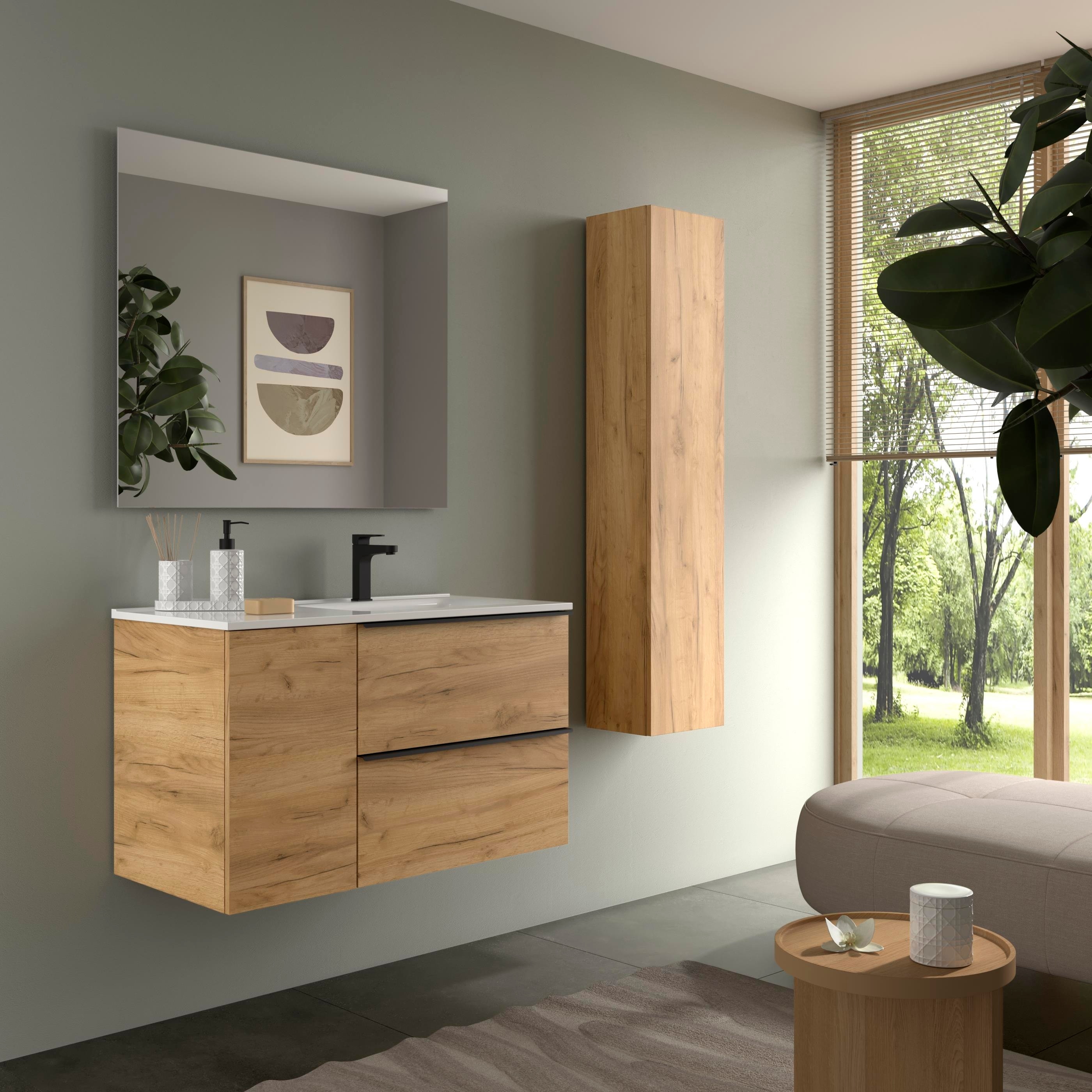 Imagen 3 de Mueble de baño con 2 cajones con 1 puerta y lavabo de 1 poza grifo derecha Nabua Plus Salgar - Roble 90 cm Roble