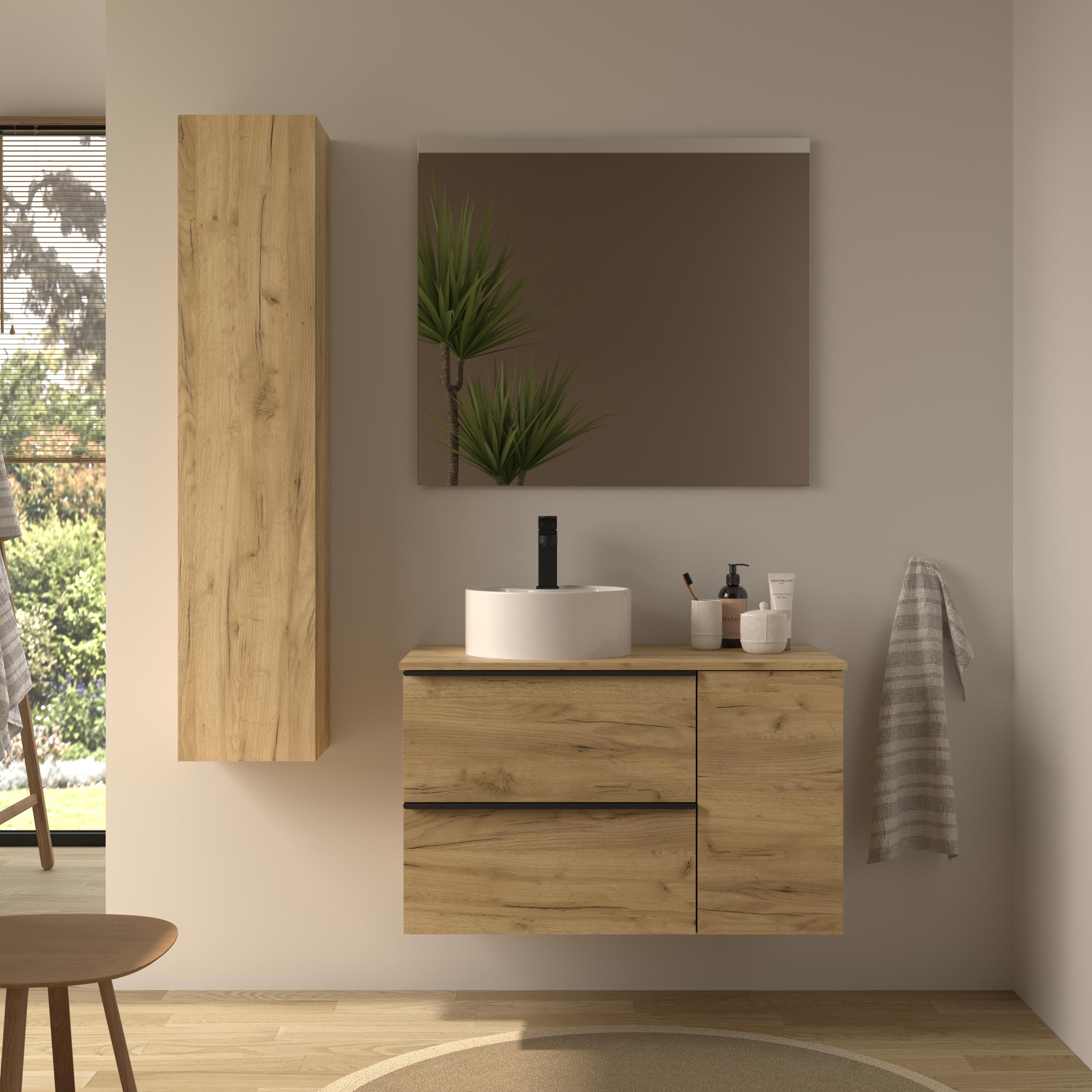 Imagen 2 de Mueble de baño con 2 cajones con 1 puerta y lavabo sobre encimera de 1 poza lado reversible Nabua Plus Salgar - Roble 90 cm Roble
