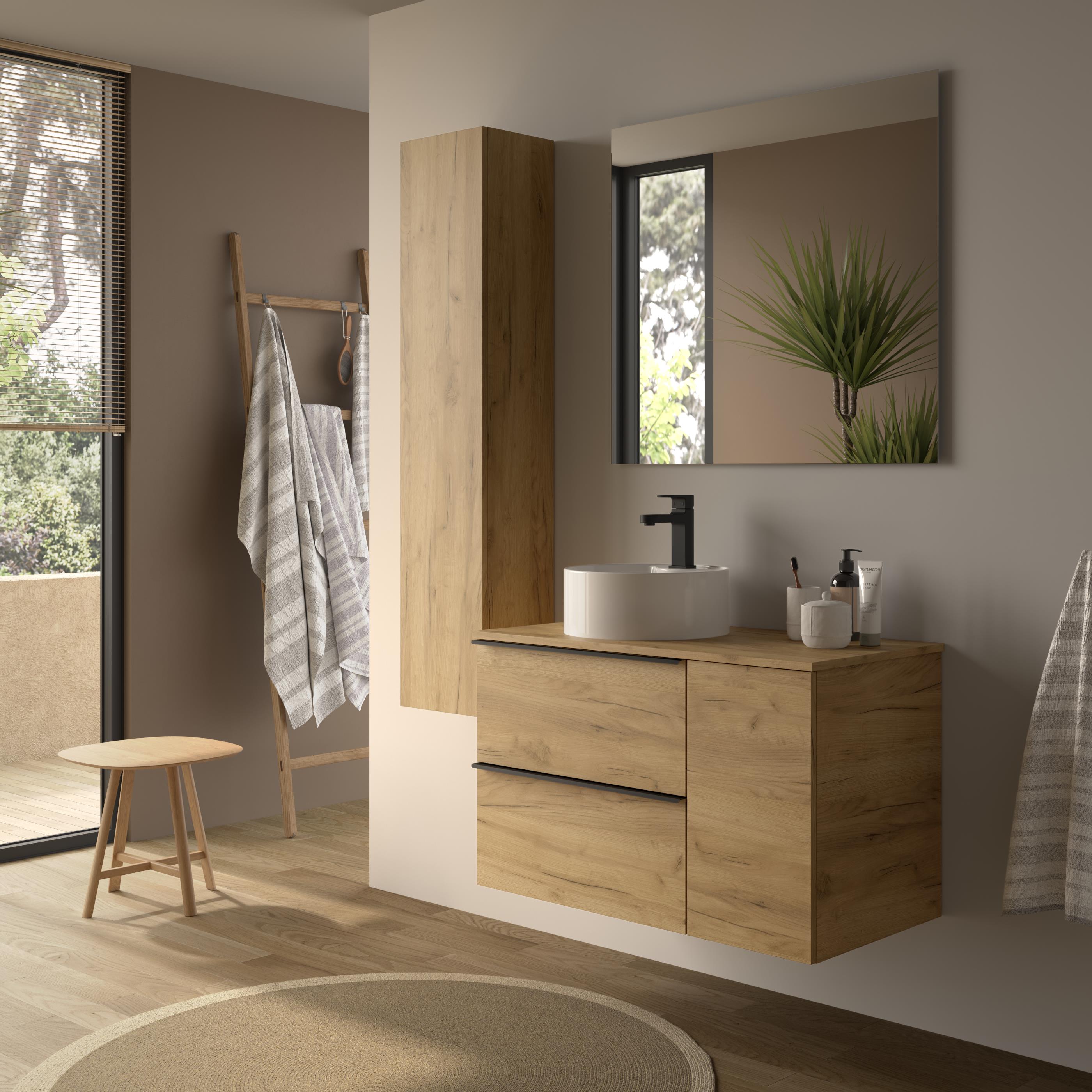 Imagen 3 de Mueble de baño con 2 cajones con 1 puerta y lavabo sobre encimera de 1 poza lado reversible Nabua Plus Salgar - Roble 90 cm Roble