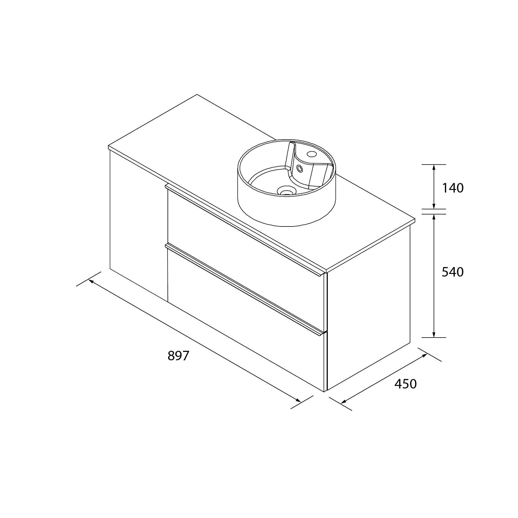 Imagen 6 de Mueble de baño con 2 cajones con 1 puerta y lavabo sobre encimera de 1 poza lado reversible Nabua Plus Salgar - Roble 90 cm Roble