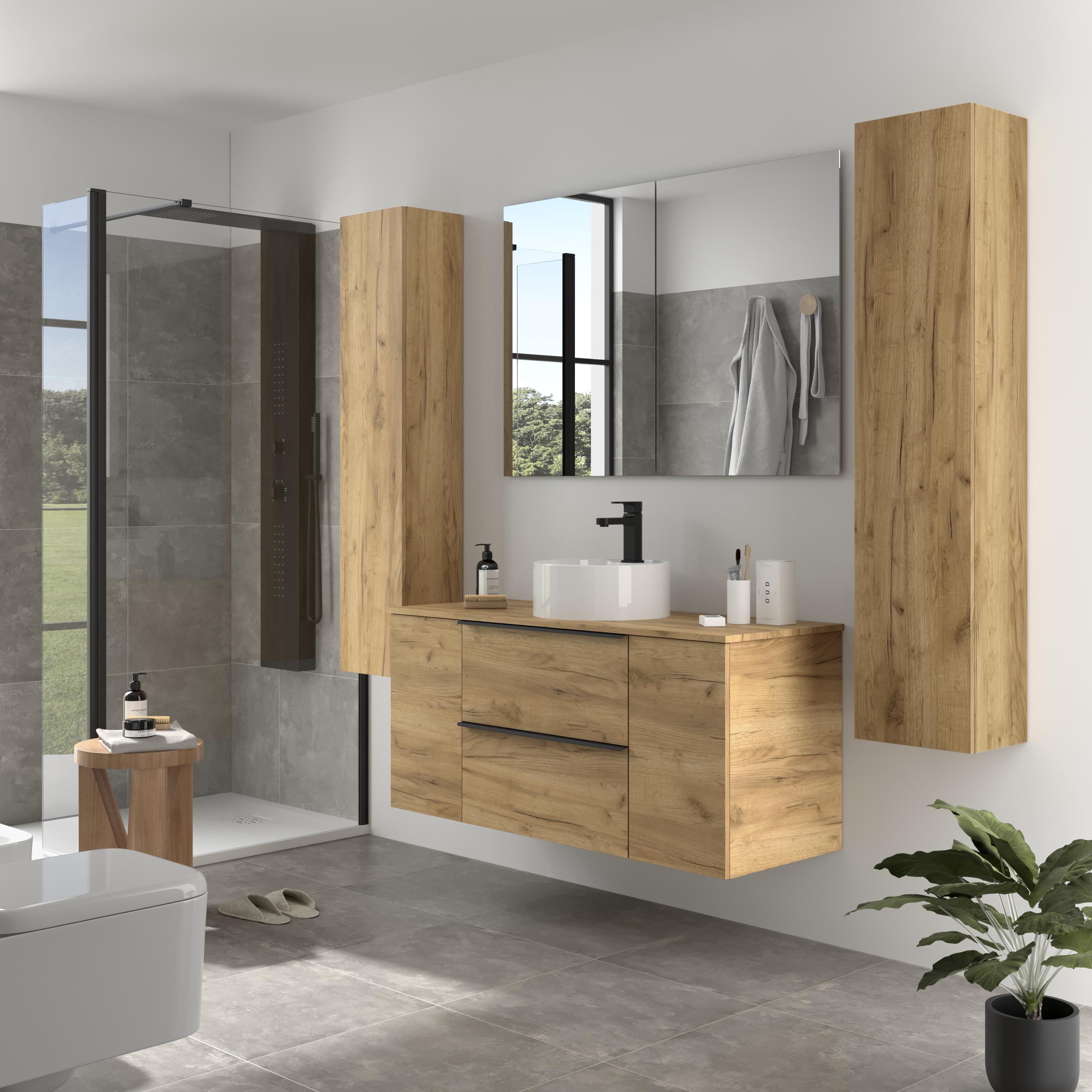 Imagen 3 de Mueble de baño con 2 cajones con 1 puerta y lavabo sobre encimera de 1 poza Nabua Plus Salgar - Roble 120 cm Roble