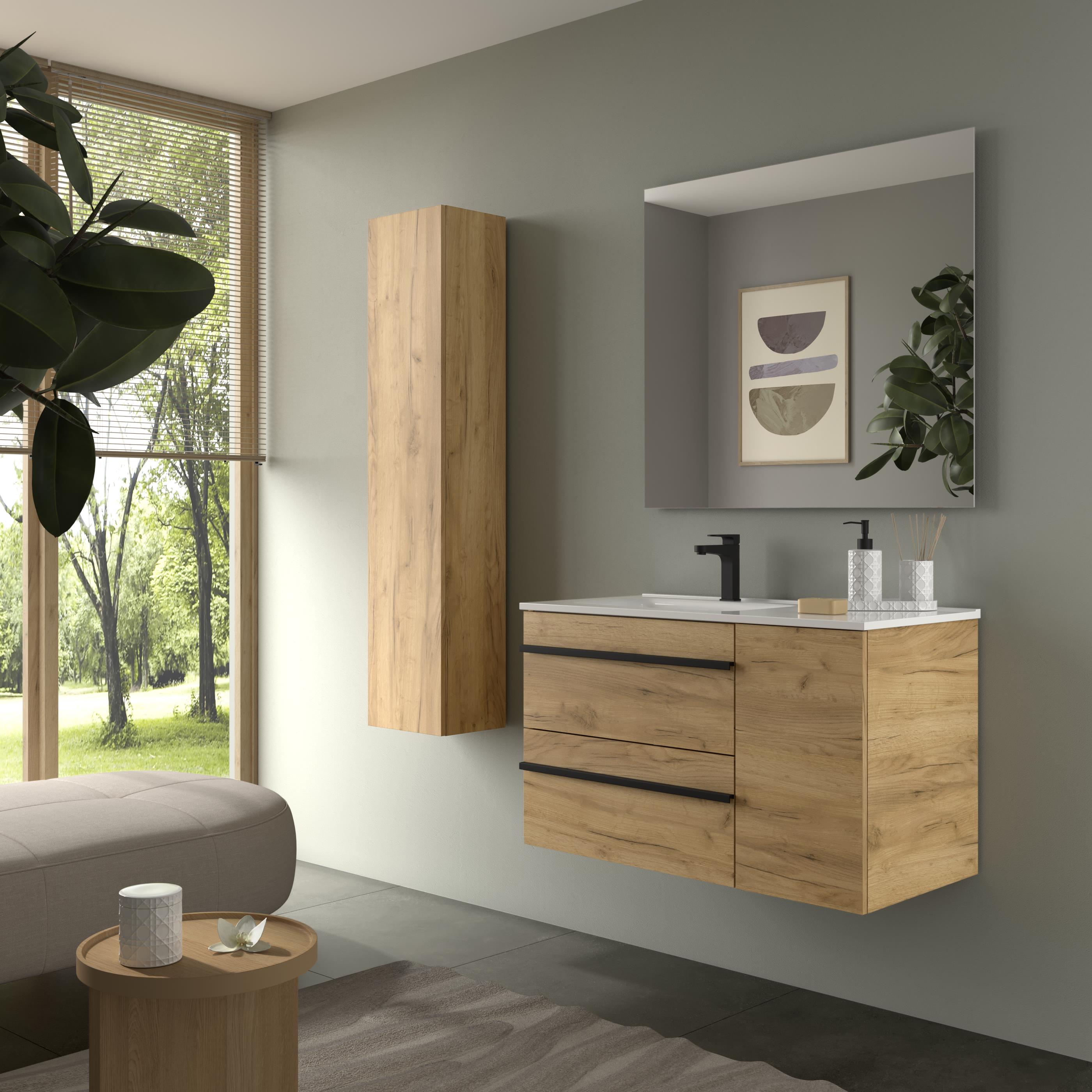 Imagen 3 de Mueble de baño con 2 cajones con 1 puerta y lavabo de 1 poza grifo izquierda Born Plus Salgar - Roble 90 cm Roble