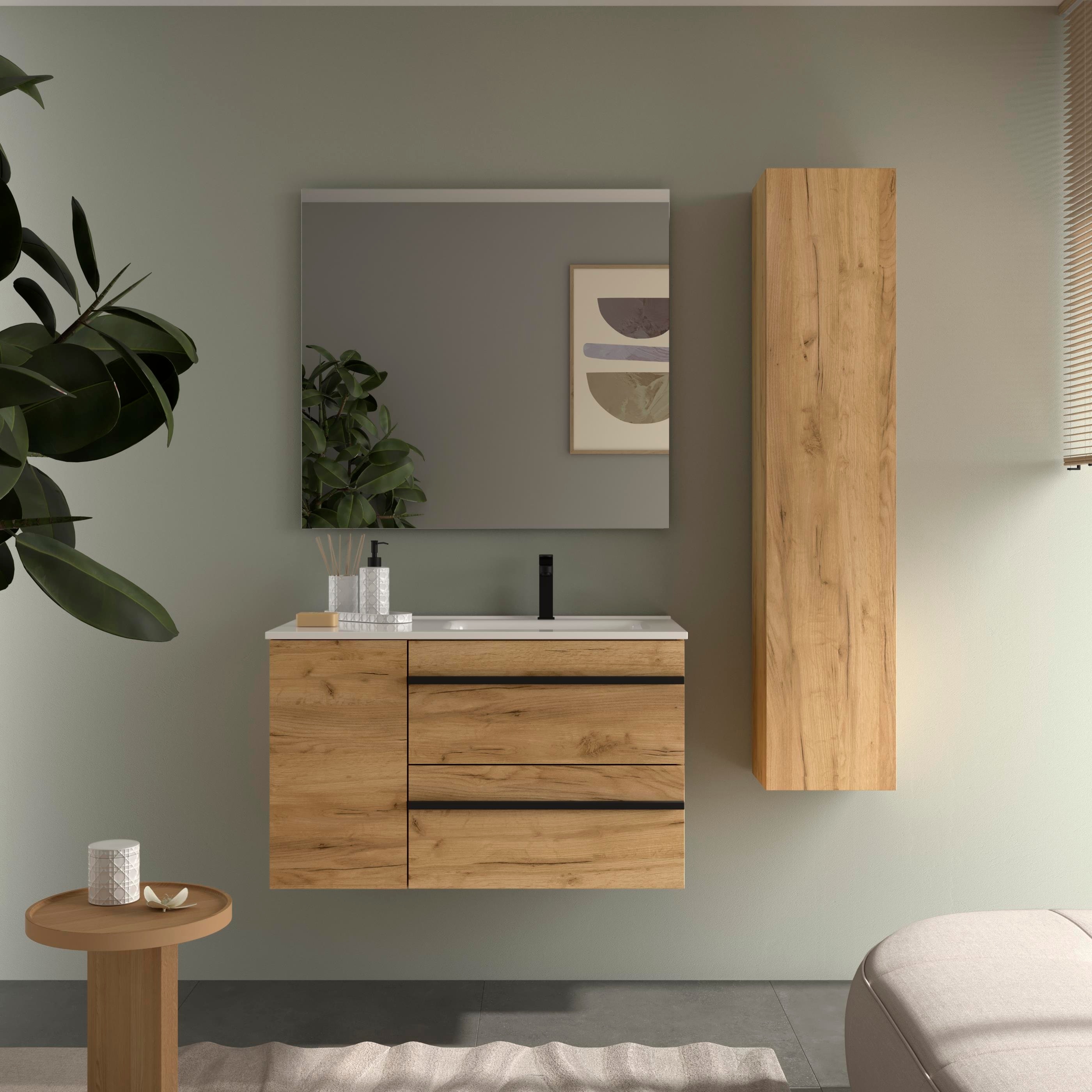 Imagen 2 de Mueble de baño con 2 cajones con 1 puerta y lavabo de 1 poza grifo derecha Born Plus Salgar - Roble 90 cm Roble