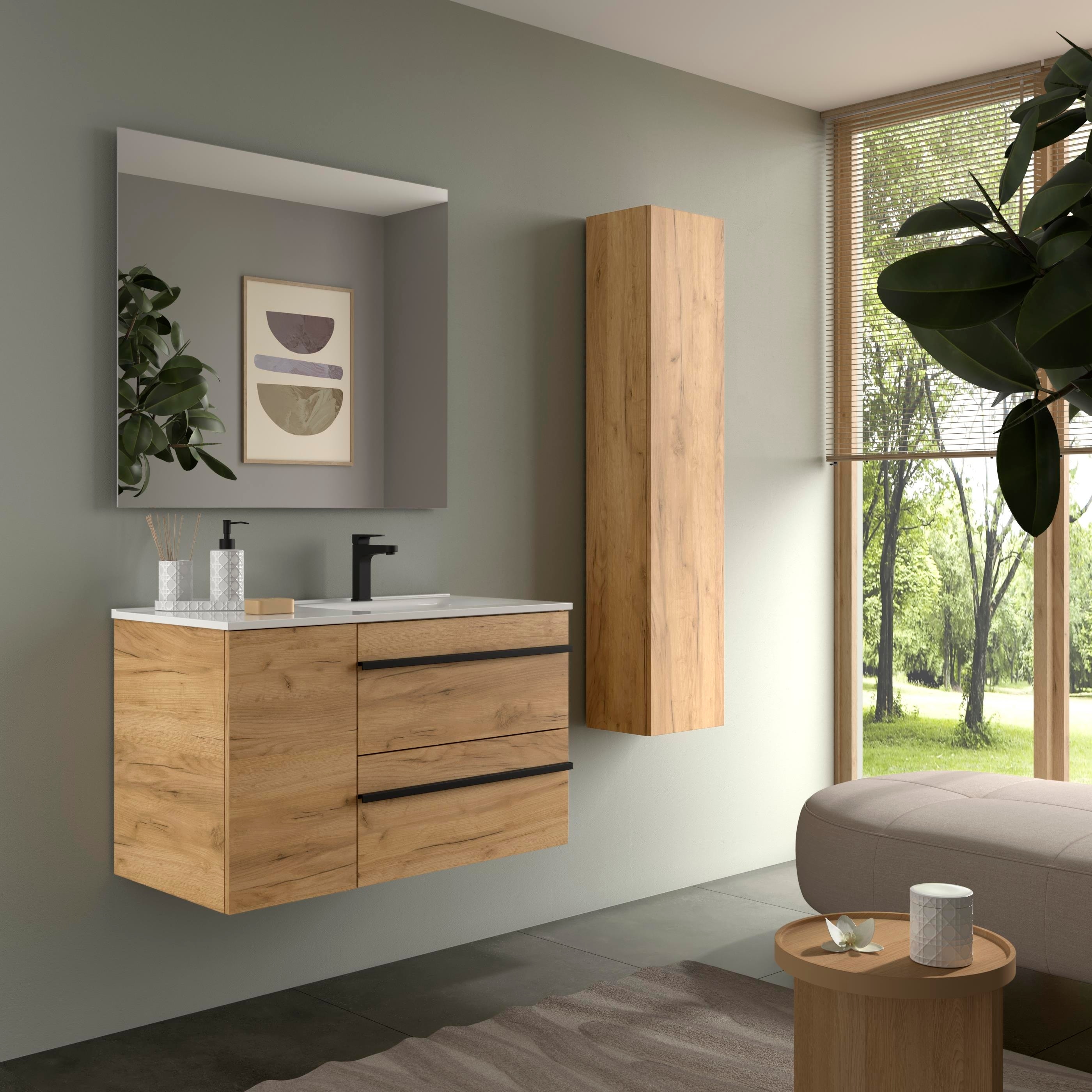 Imagen 3 de Mueble de baño con 2 cajones con 1 puerta y lavabo de 1 poza grifo derecha Born Plus Salgar - Roble 90 cm Roble