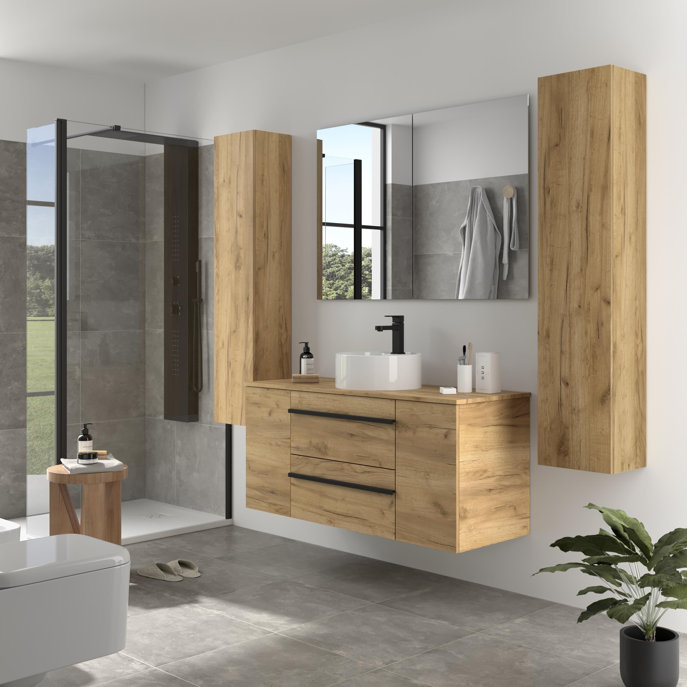 Imagen 3 de Mueble de baño con 2 cajones con 1 puerta y lavabo sobre encimera de 1 poza Born Plus Salgar - Roble 120 cm Roble