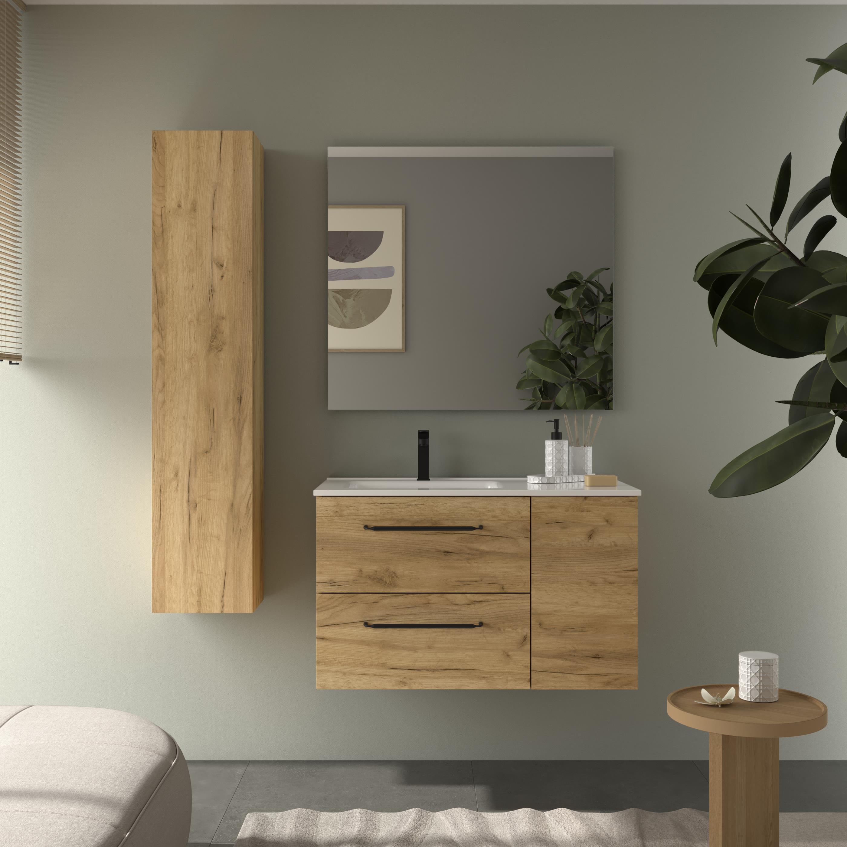 Imagen 2 de Mueble de baño con 2 cajones con 1 puerta y lavabo de 1 poza grifo izquierda Morai Plus Salgar - Roble 90 cm Roble