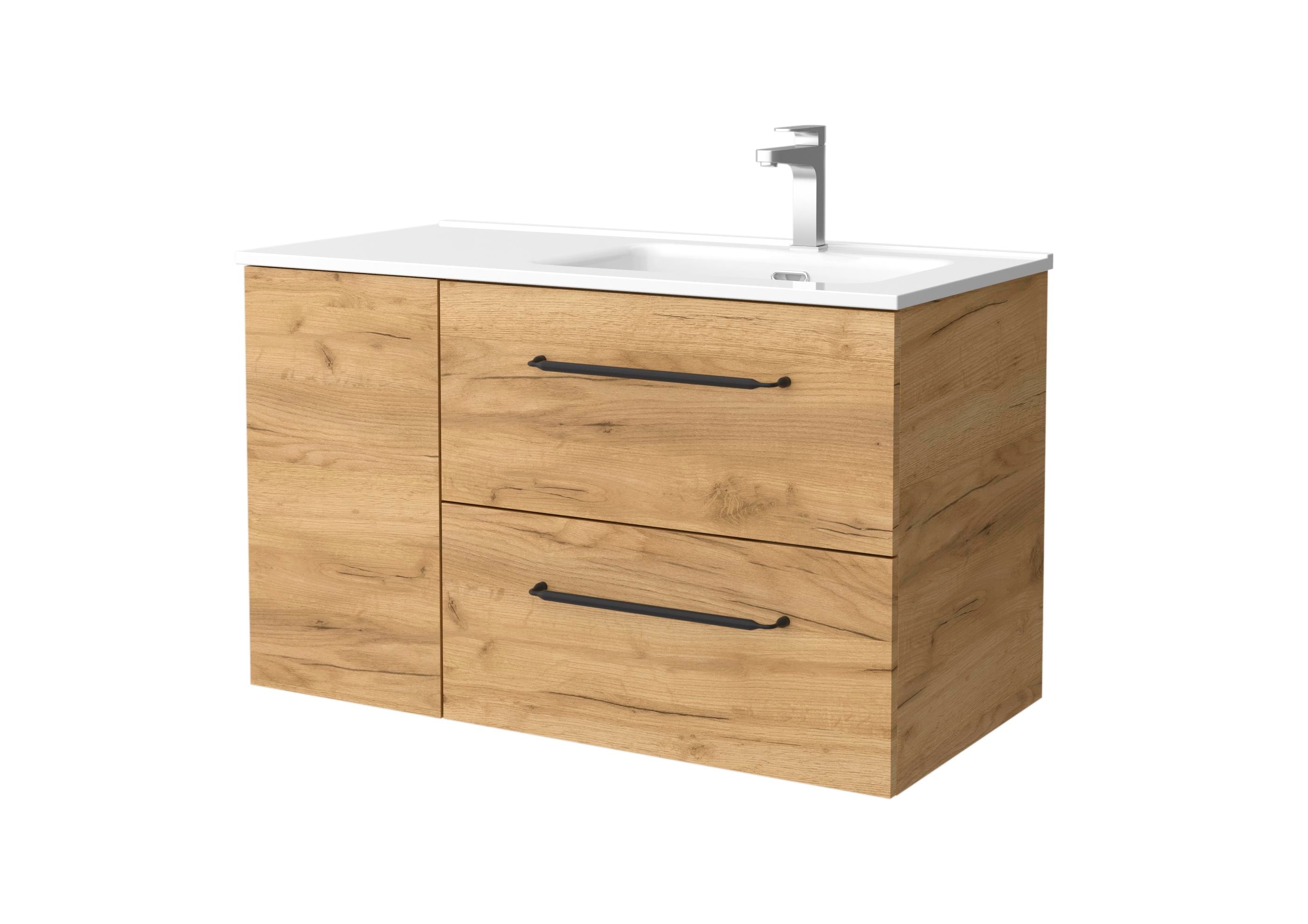 Imagen 1 de Mueble de baño con 2 cajones con 1 puerta y lavabo de 1 poza grifo derecha Morai Plus Salgar - Roble 90 cm Roble