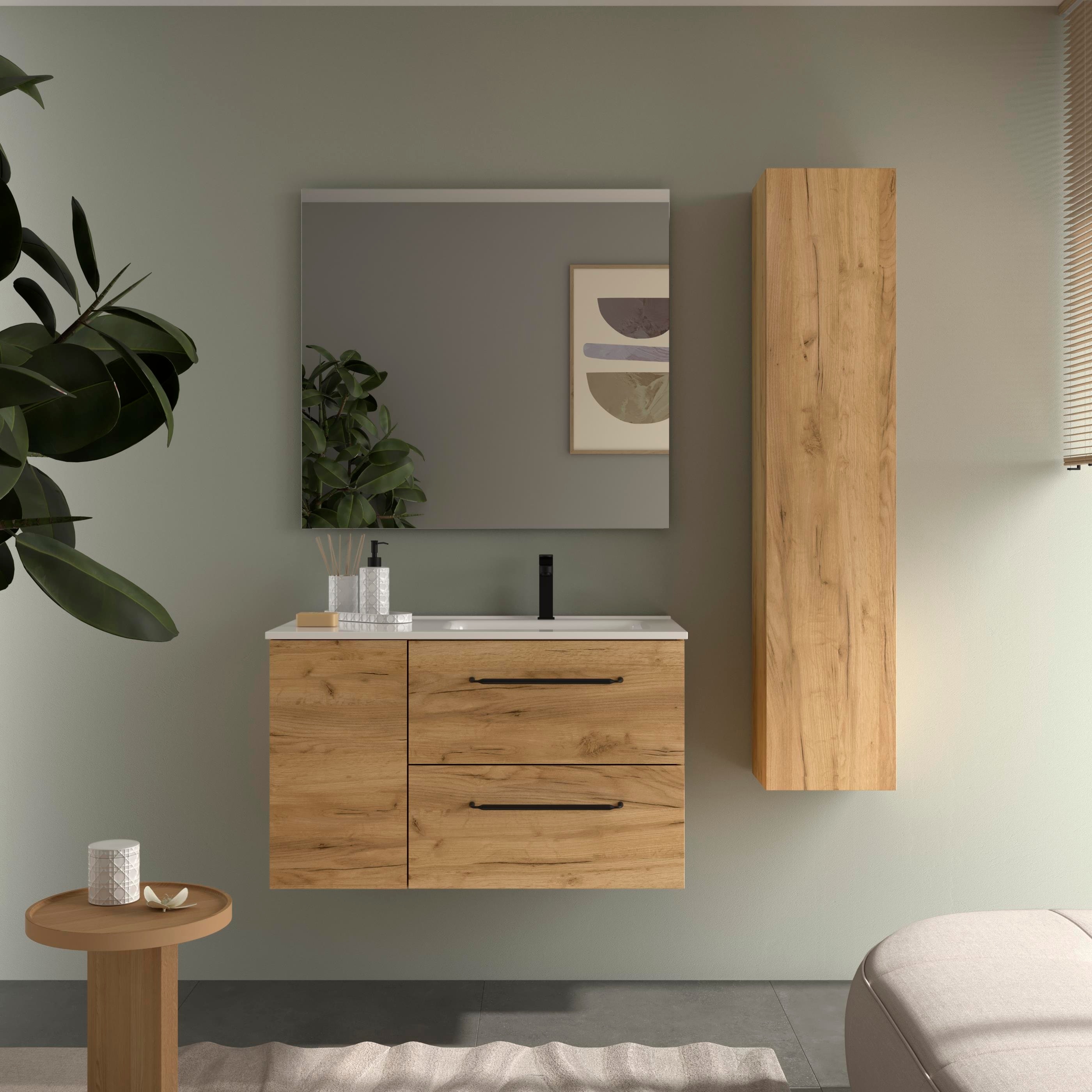 Imagen 2 de Mueble de baño con 2 cajones con 1 puerta y lavabo de 1 poza grifo derecha Morai Plus Salgar - Roble 90 cm Roble