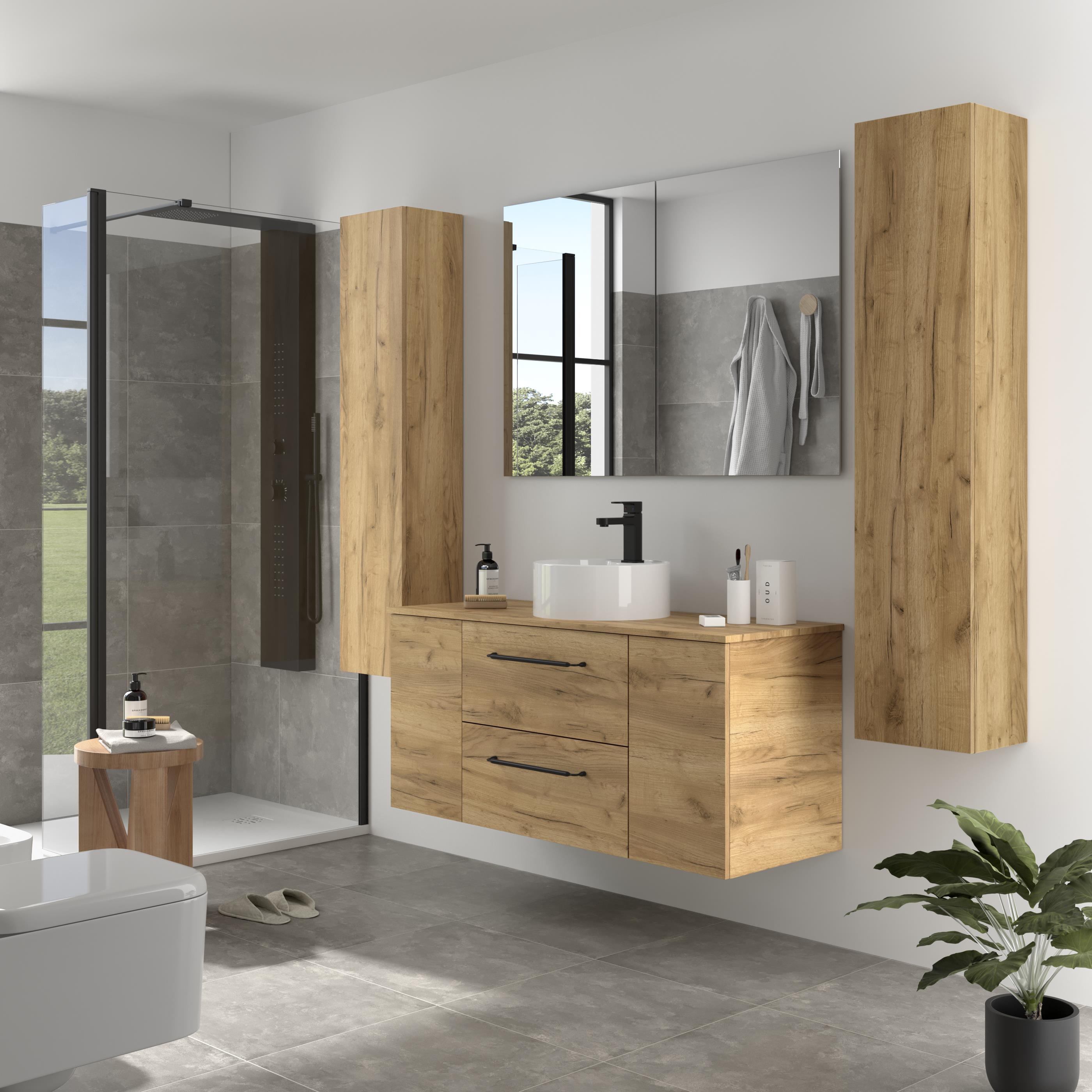 Imagen 3 de Mueble de baño con 2 cajones con 1 puerta y lavabo sobre encimera de 1 poza Morai Plus Salgar - Roble 120 cm Roble