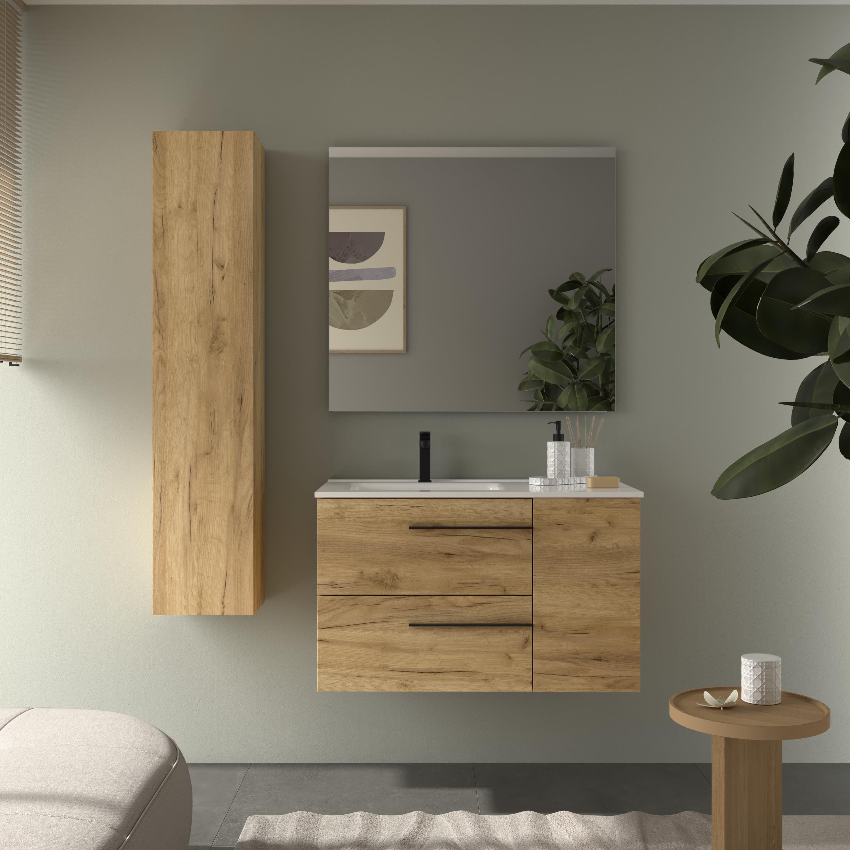 Imagen 2 de Mueble de baño con 2 cajones con 1 puerta y lavabo de 1 poza grifo izquierda Yara Plus Salgar - Roble 90 cm Roble