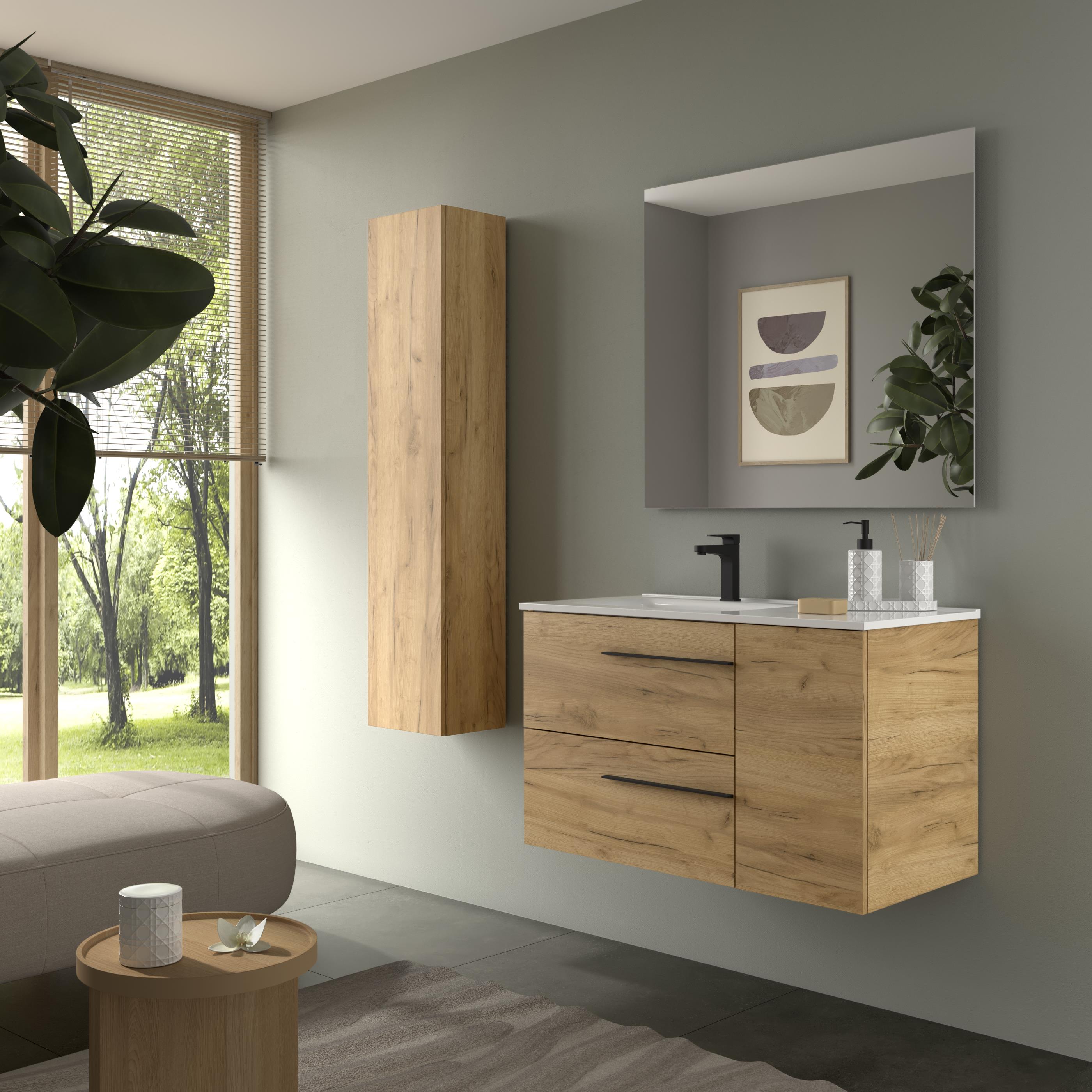 Imagen 3 de Mueble de baño con 2 cajones con 1 puerta y lavabo de 1 poza grifo izquierda Yara Plus Salgar - Roble 90 cm Roble