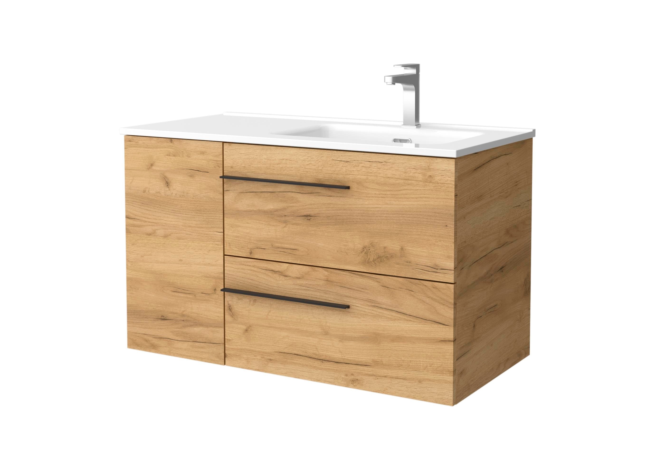 Imagen 1 de Mueble de baño con 2 cajones con 1 puerta y lavabo de 1 poza grifo derecha Yara Plus Salgar - Roble 90 cm Roble