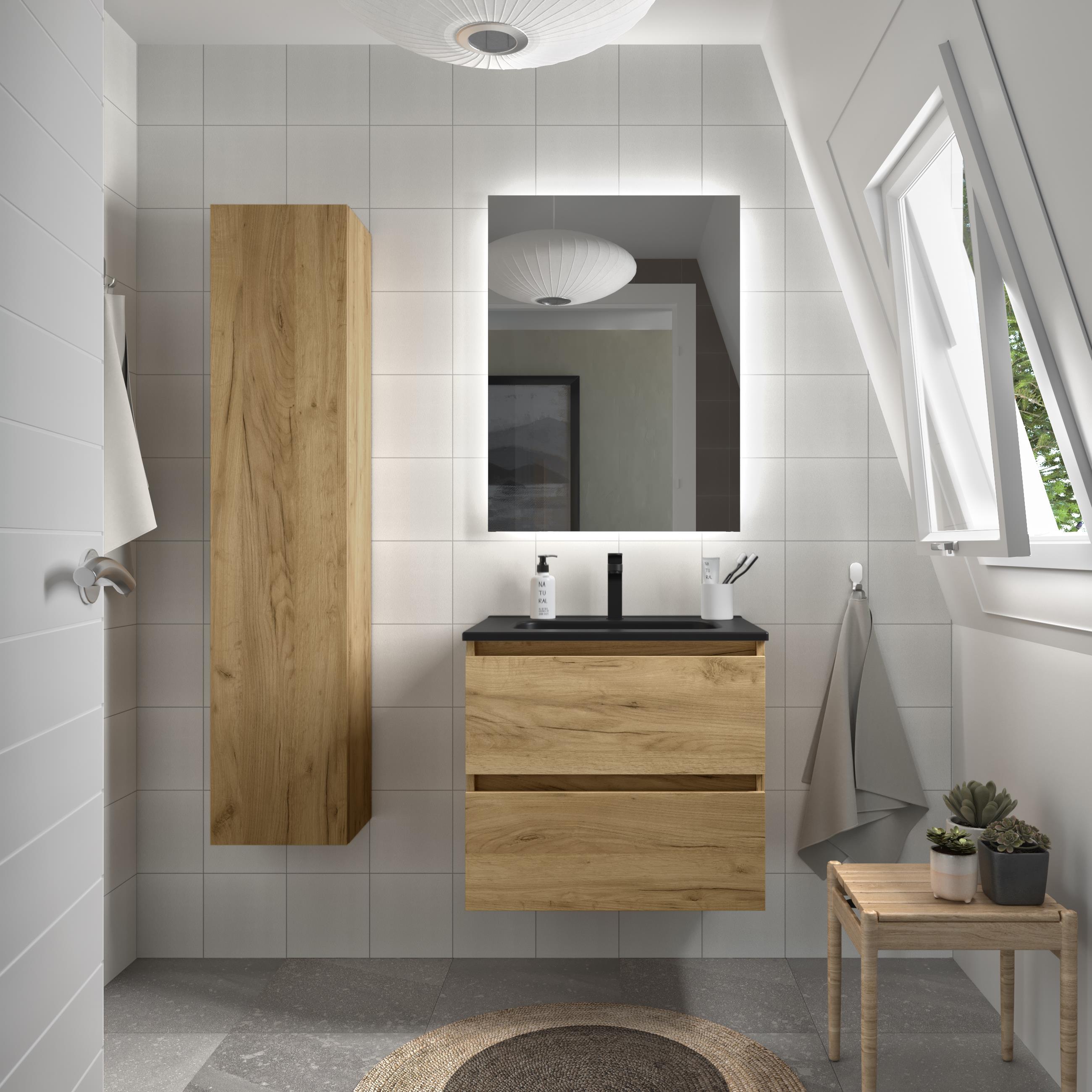 Mueble de baño con 2 cajones y lavabo negro de 1 poza Bequia Salgar - Roble 60 cm Roble-2