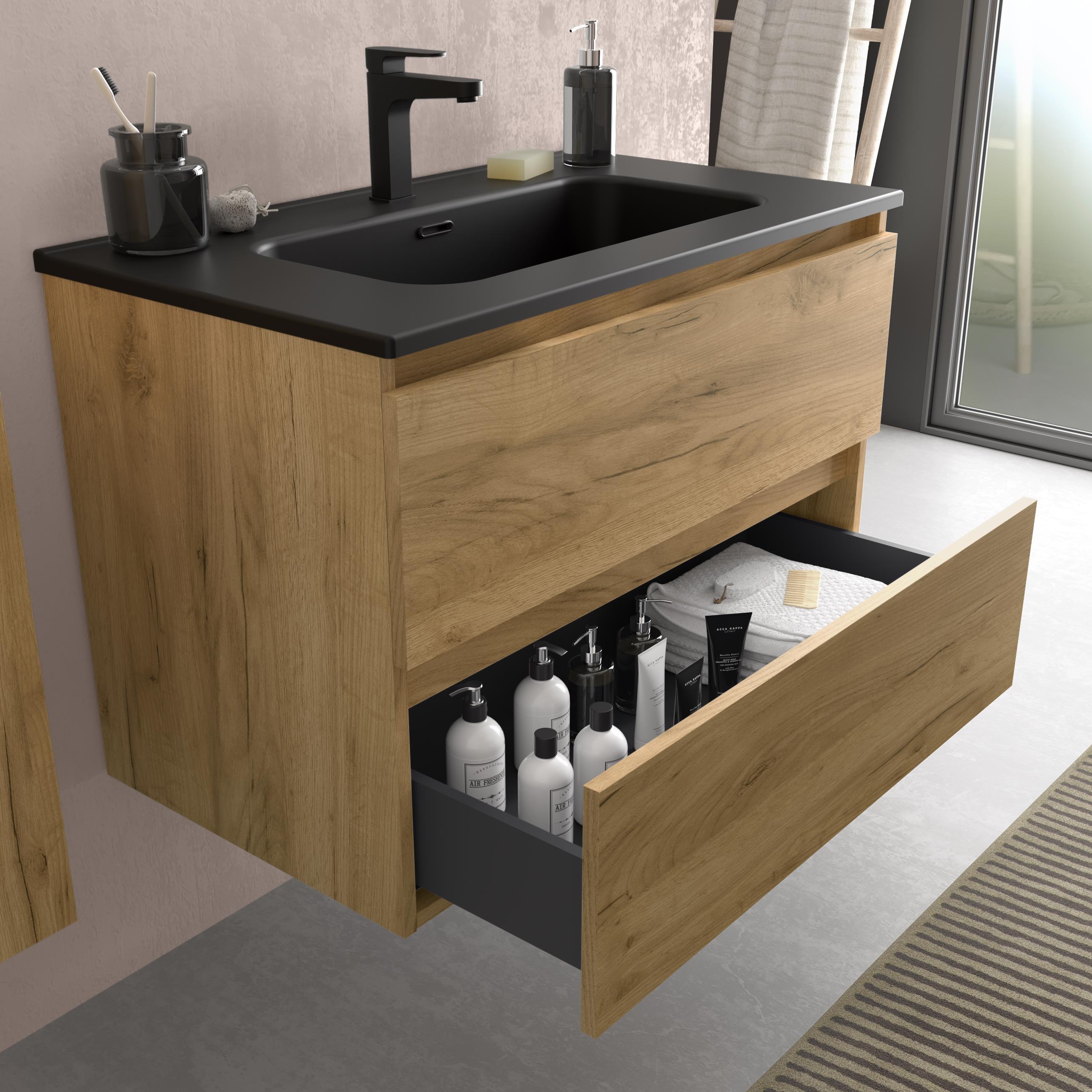 Mueble de baño con 2 cajones y lavabo negro de 1 poza Bequia Salgar - Roble 60 cm Roble-3