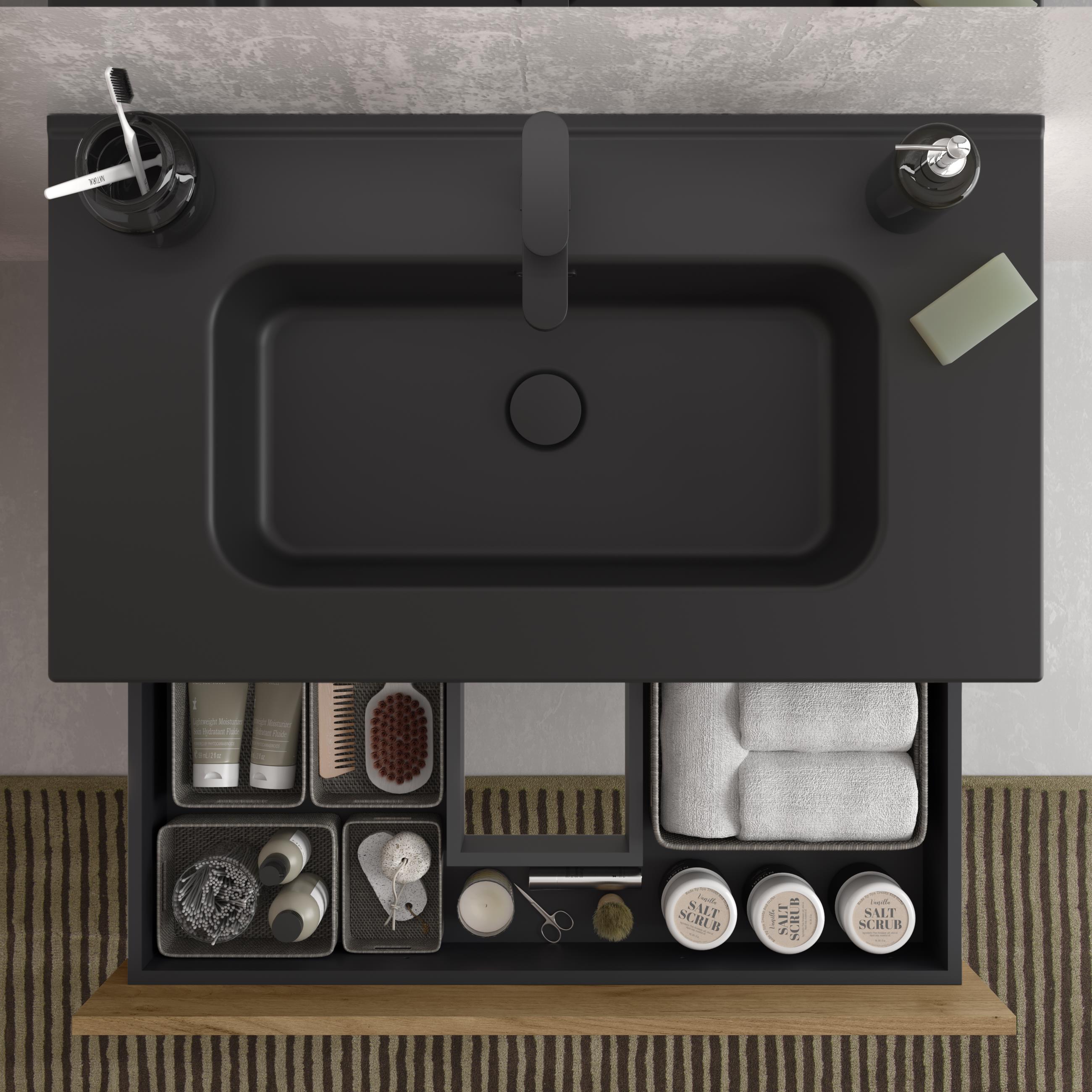 Mueble de baño con 2 cajones y lavabo negro de 1 poza Bequia Salgar - Roble 60 cm Roble-5