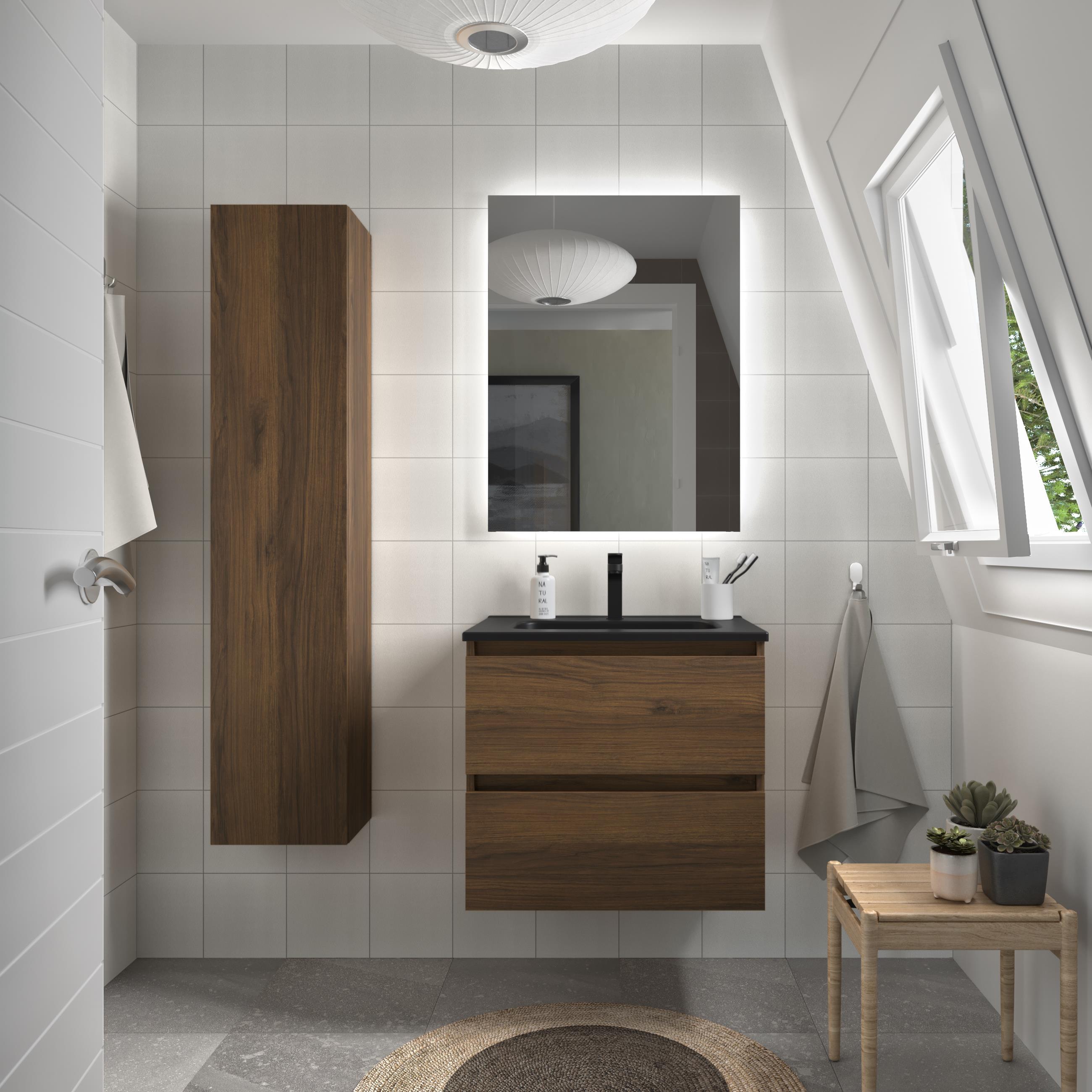 Mueble de baño con 2 cajones y lavabo negro de 1 poza Bequia Salgar - Nogal 60 cm Nogal-2