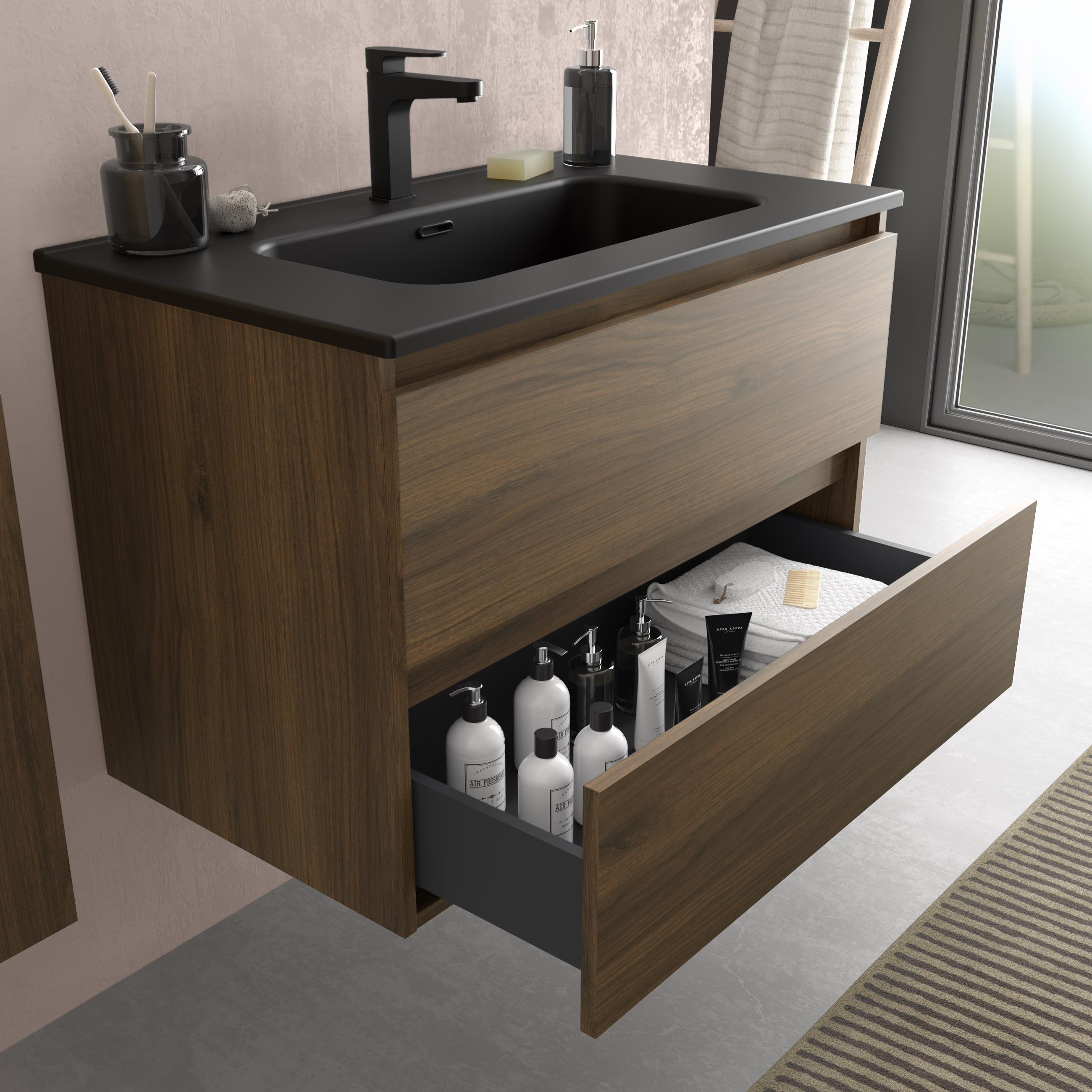 Mueble de baño con 2 cajones y lavabo negro de 1 poza Bequia Salgar - Nogal 60 cm Nogal-3