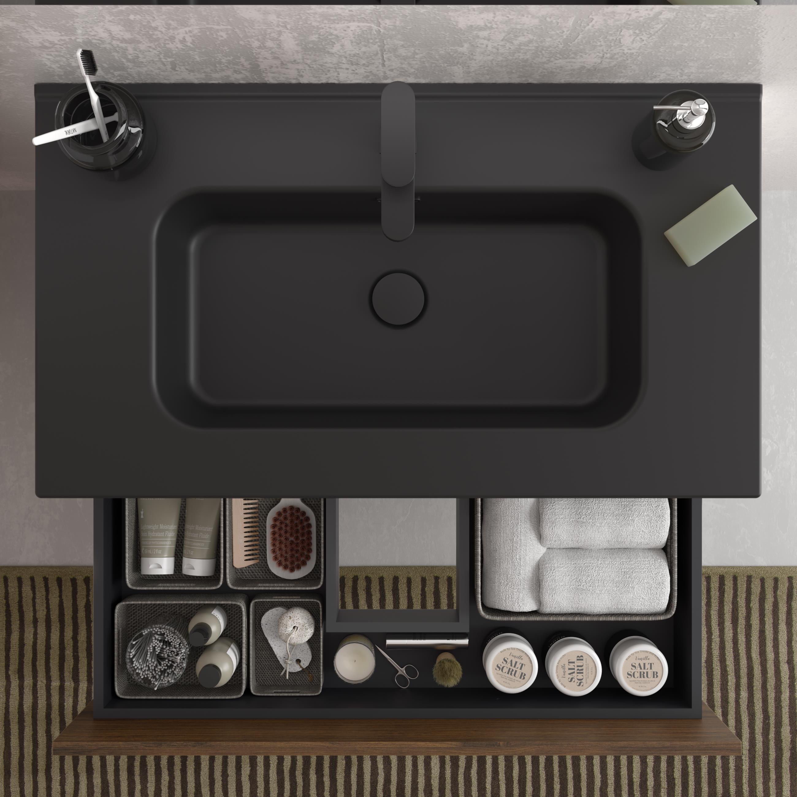 Mueble de baño con 2 cajones y lavabo negro de 1 poza Bequia Salgar - Nogal 60 cm Nogal-5