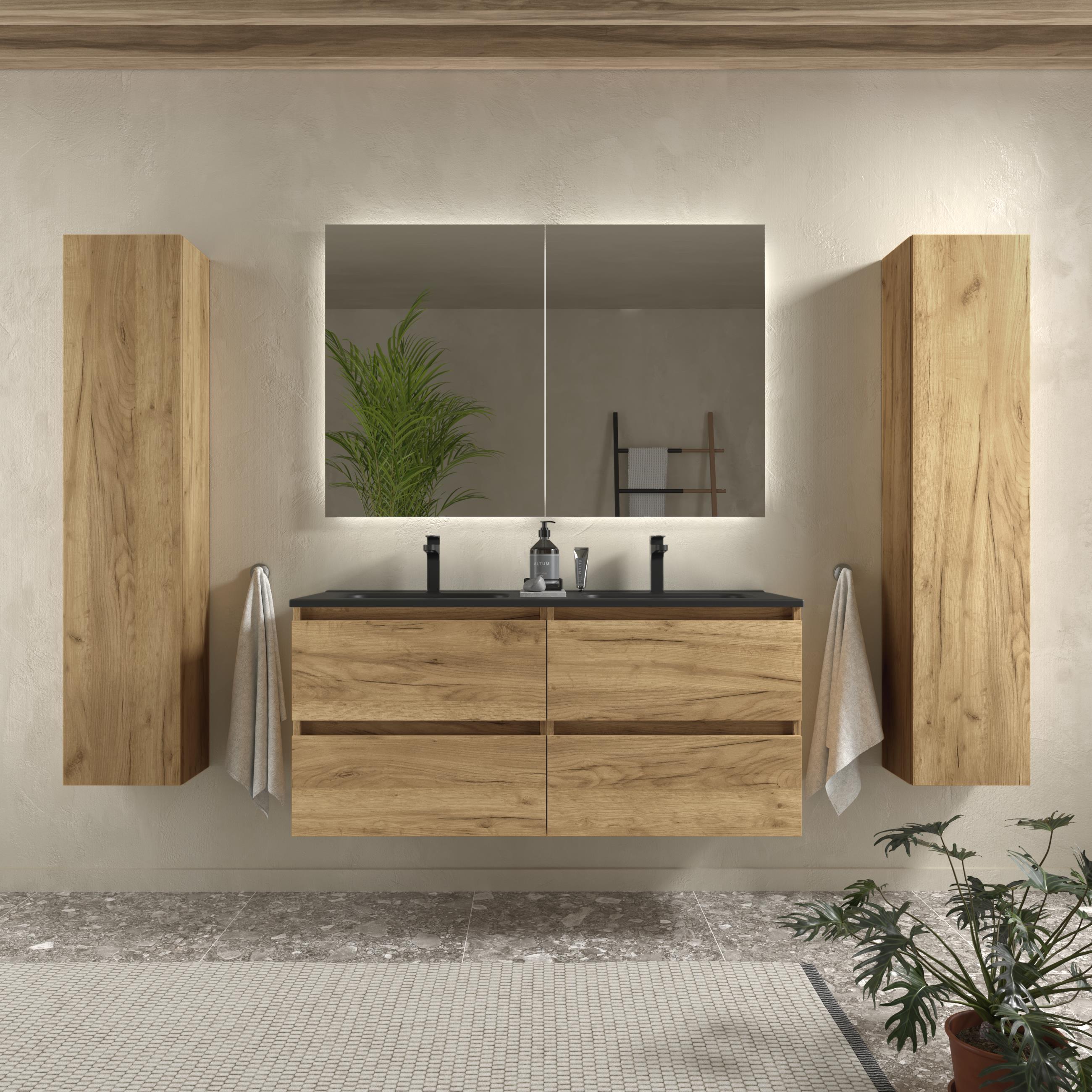 Imagen 2 de Mueble de baño con 4 cajones y lavabo negro de 2 pozas Bequia Salgar - Roble 120 cm Roble