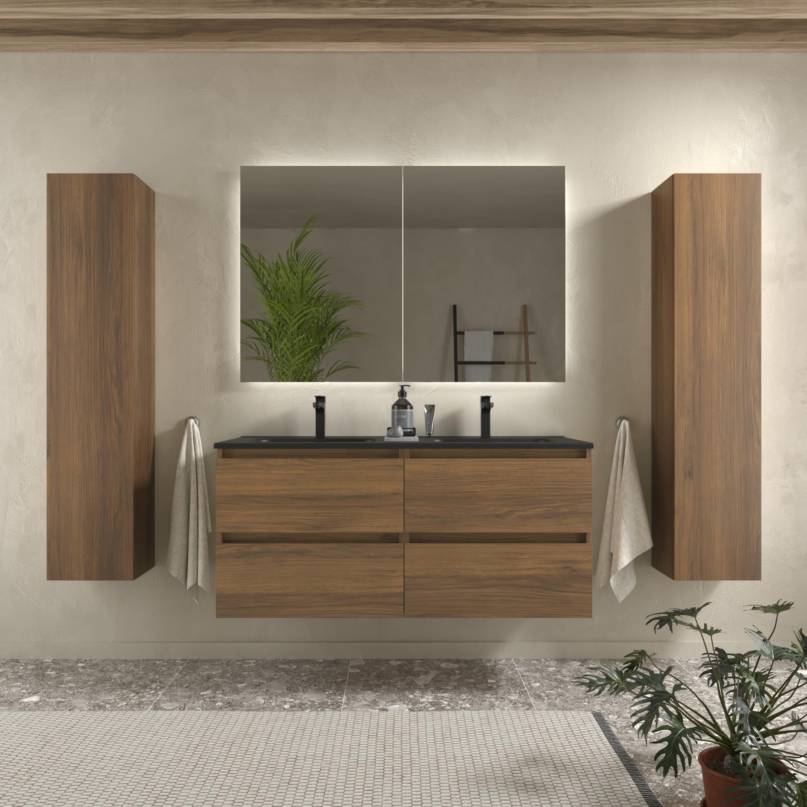 Imagen 2 de Mueble de baño con 4 cajones y lavabo negro de 2 pozas Bequia Salgar - Nogal 120 cm Nogal
