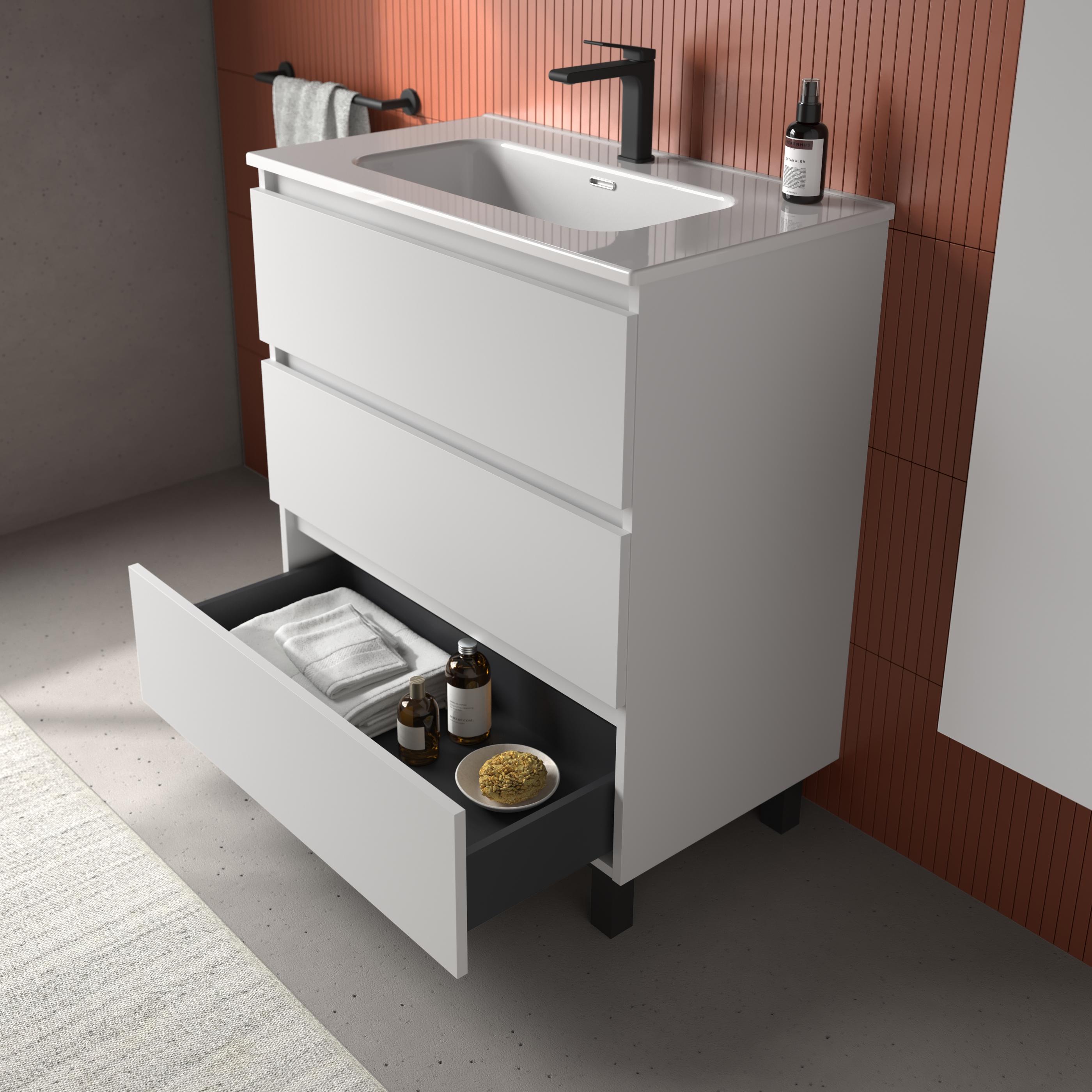 Imagen 3 de Mueble de baño 3C con 3 cajones y lavabo de 1 poza Bequia Salgar - Blanco mate 80 cm Blanco mate