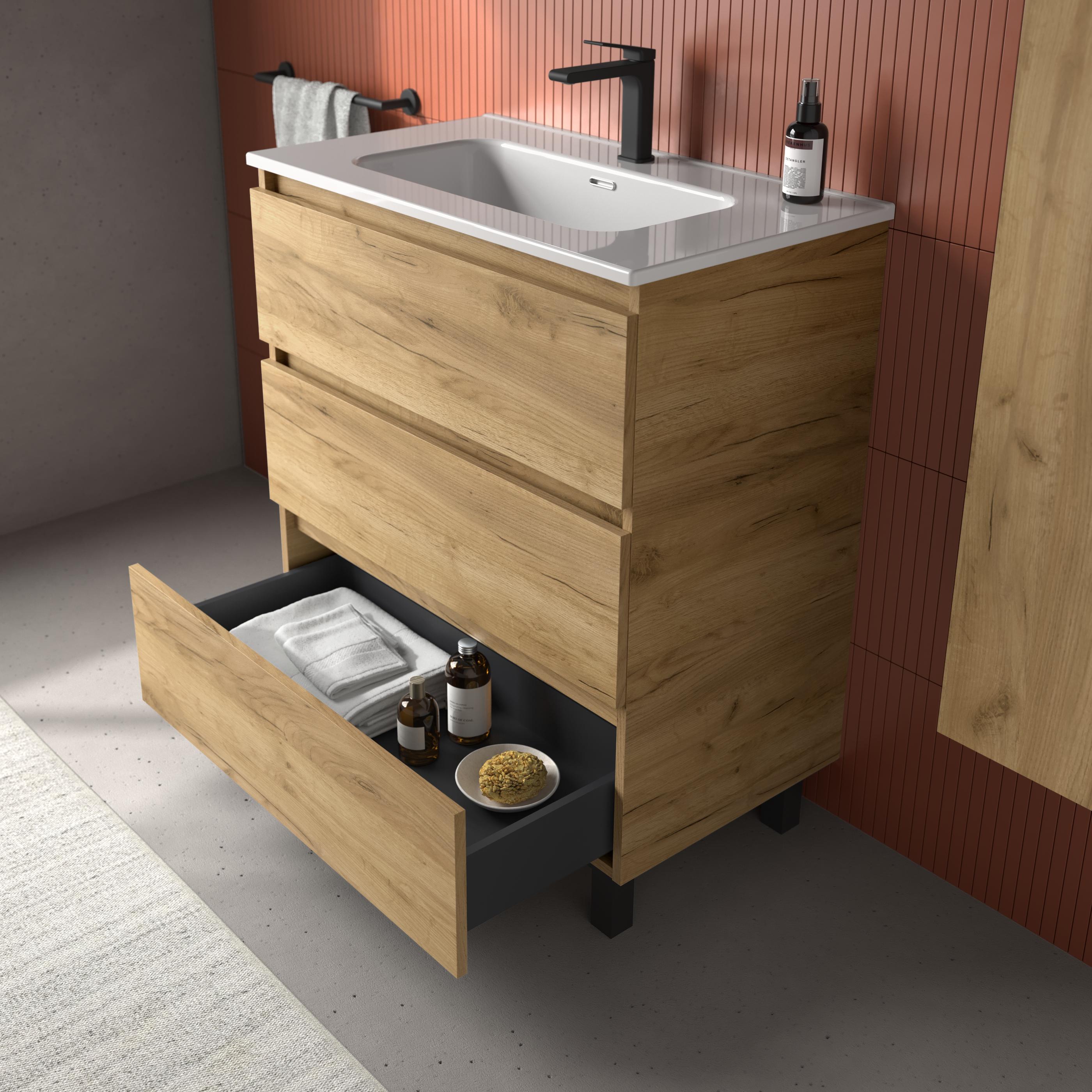 Imagen 3 de Mueble de baño 3C con 3 cajones y lavabo de 1 poza Bequia Salgar - Roble 60 cm Roble
