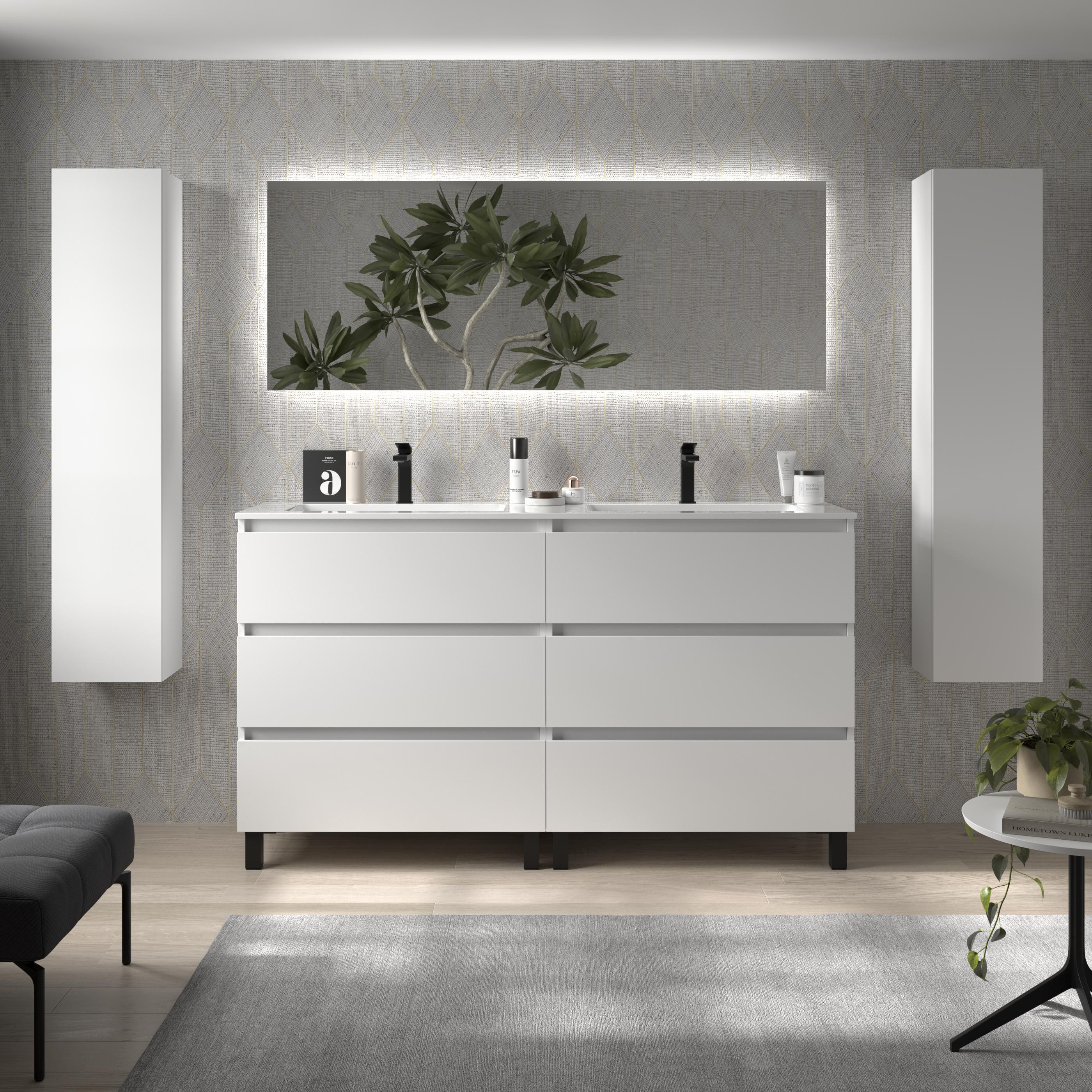 Imagen 2 de Mueble de baño 3C con 6 cajones y lavabo Vilna de 2 pozas Bequia Salgar - Blanco mate 160 cm Blanco mate