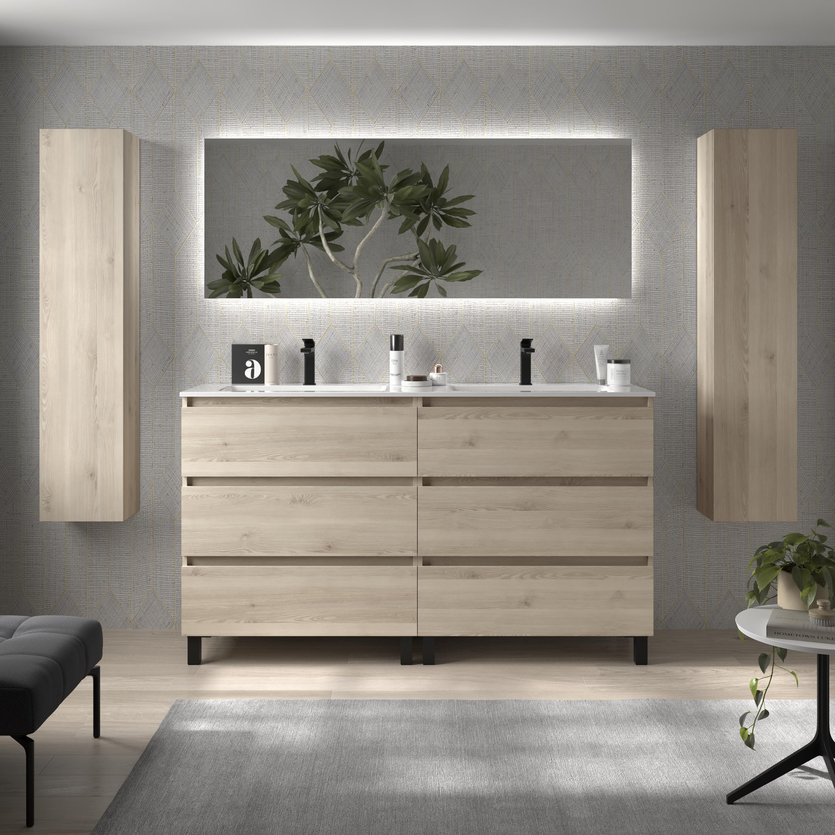 Imagen 2 de Mueble de baño 3C con 6 cajones y lavabo Vilna de 2 pozas Bequia Salgar - Natural 160 cm Natural
