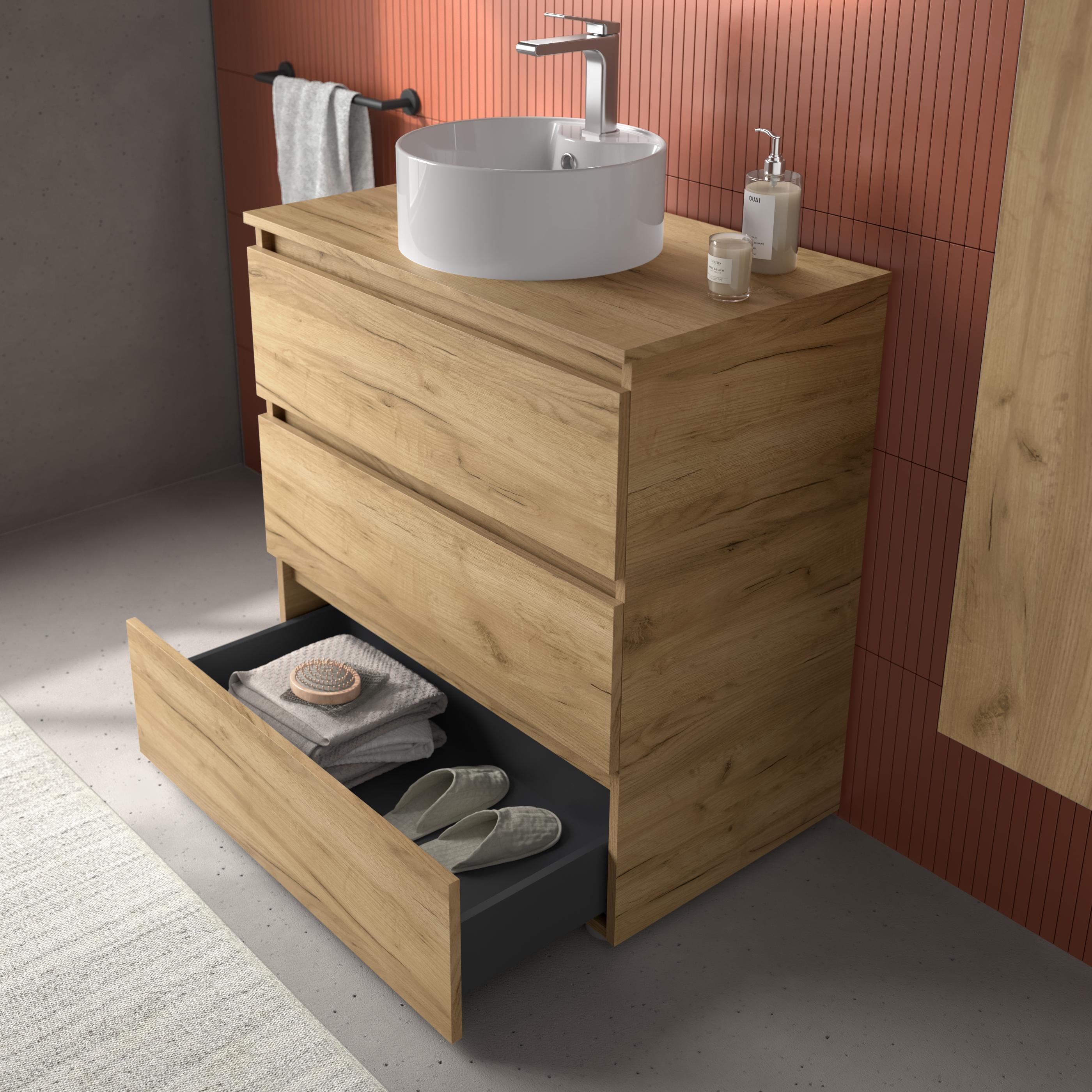 Imagen 3 de Mueble de baño 3C con 3 cajones y lavabo sobre encimera de 1 poza Bequia Salgar - Roble 80 cm Roble