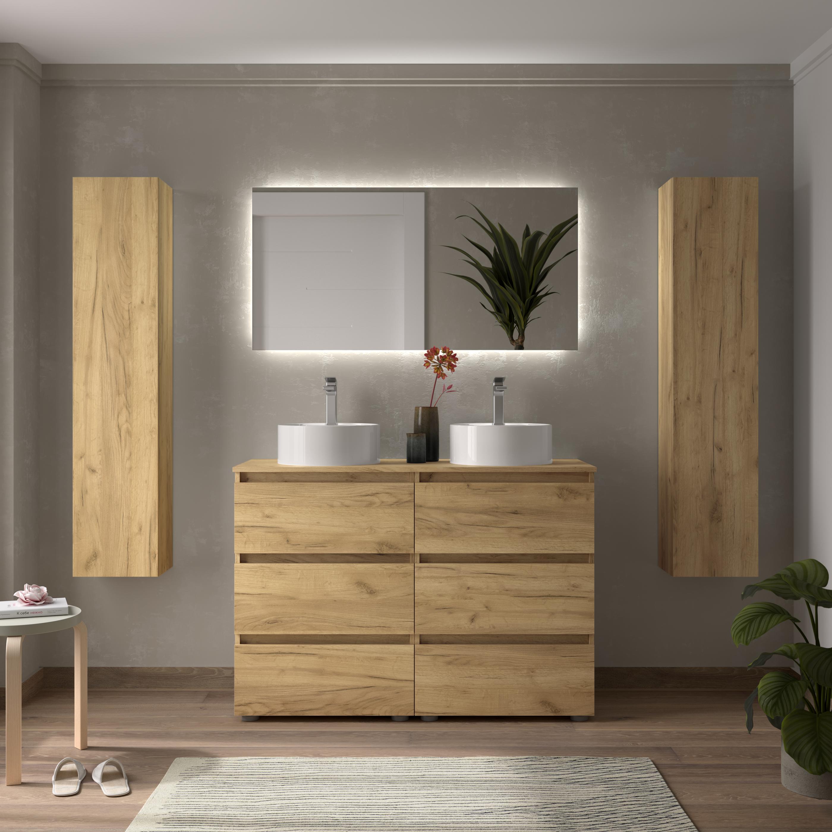 Imagen 2 de Mueble de baño 3C con 6 cajones y lavabo sobre encimera de 2 pozas Bequia Salgar - Roble 120 cm Roble